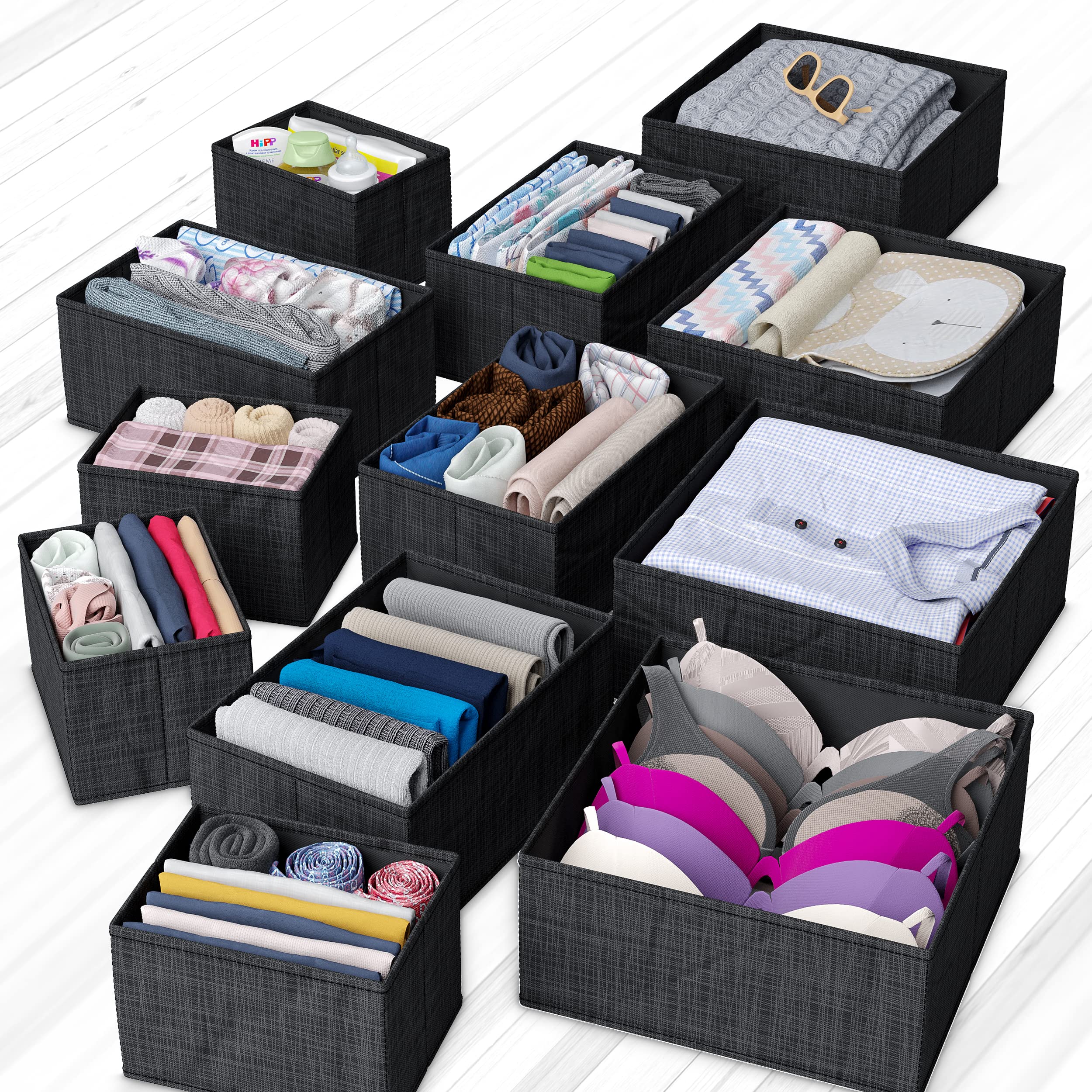 NEATERIZE Drawer Organizer - [Set Of 12] - Closet Organizer and Storage Baskets| Foldable Cloth Drawers Divider | Fabric Bin For