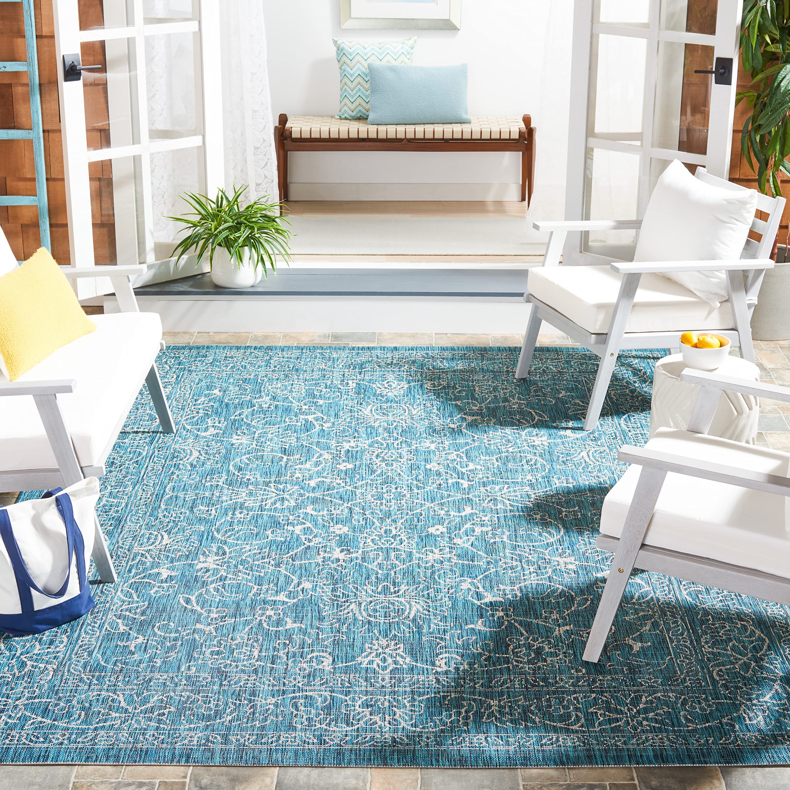 SAFAVIEH Courtyard Collection 67 Square Turquoise CY8680 Indoor/ Outdoor Patio Backyard Mudroom Area Rug