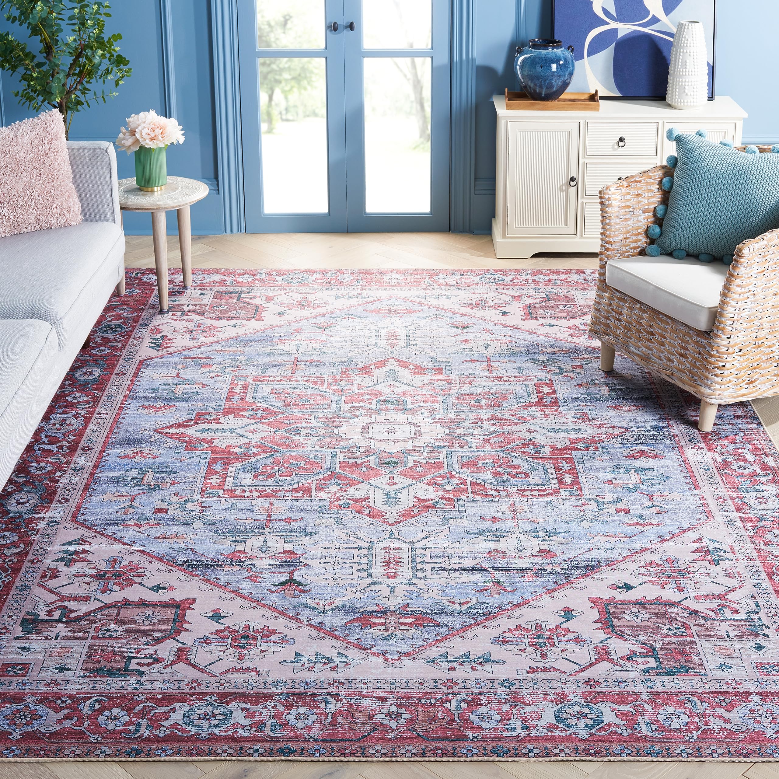 SAFAVIEH Washable Rug Tucson Collection - 10 x 14, Grey Blue & Rust, Slip Resistant, Ideal for High Traffic Areas in Living Ro