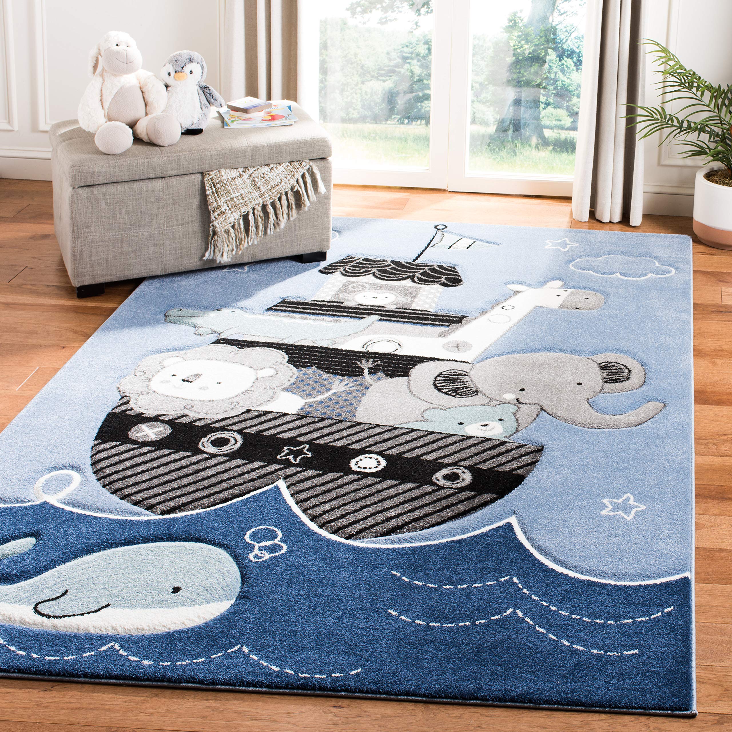 SAFAVIEH Carousel Kids Collection Area Rug - 53 x 76, Blue & Grey, Animal Design, Non-Shedding & Easy Care, Ideal for High Tra