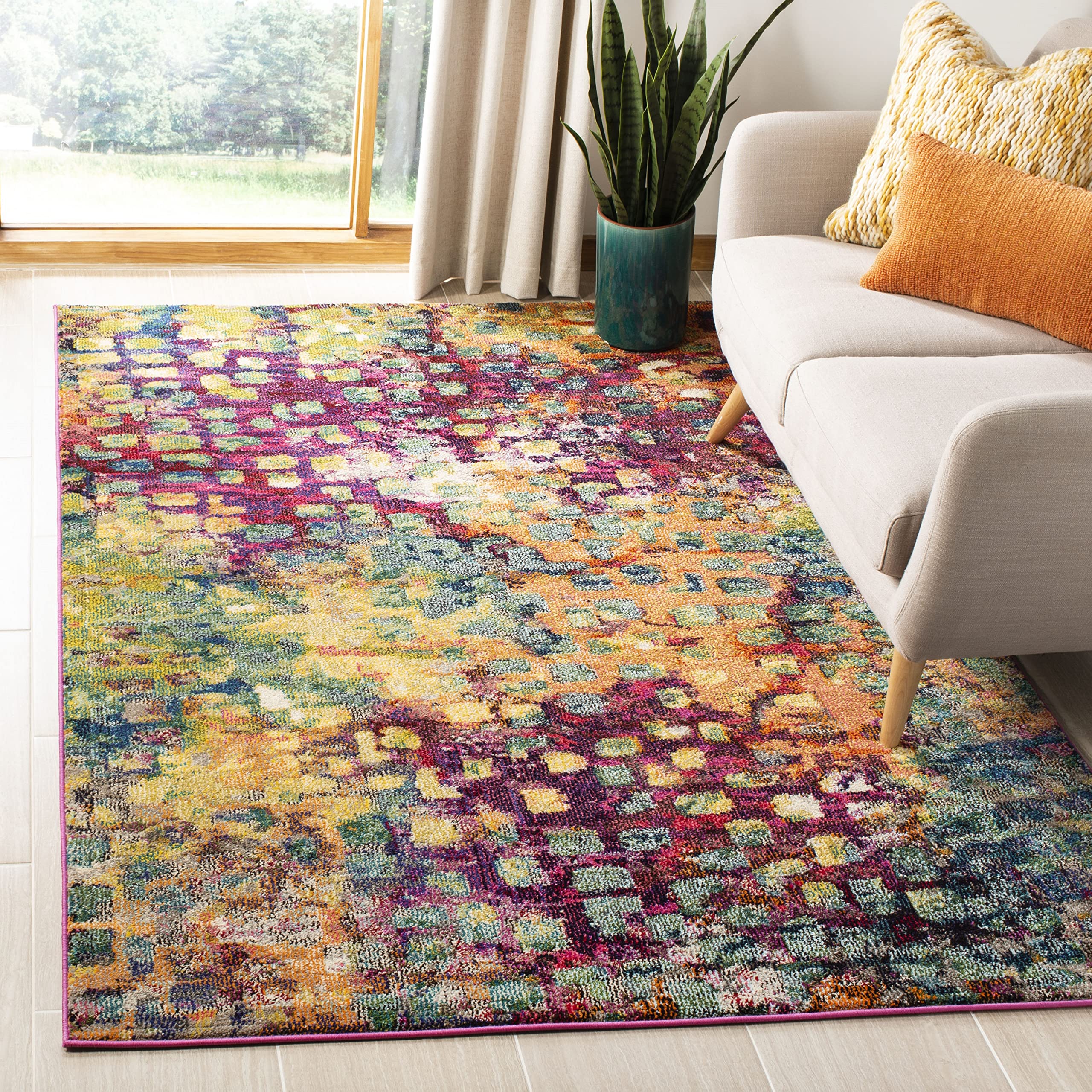 SAFAVIEH Monaco Collection Accent Rug - 4 x 57, Pink & Multi, Abstract Watercolor Design, Non-Shedding & Easy Care, Ideal for 
