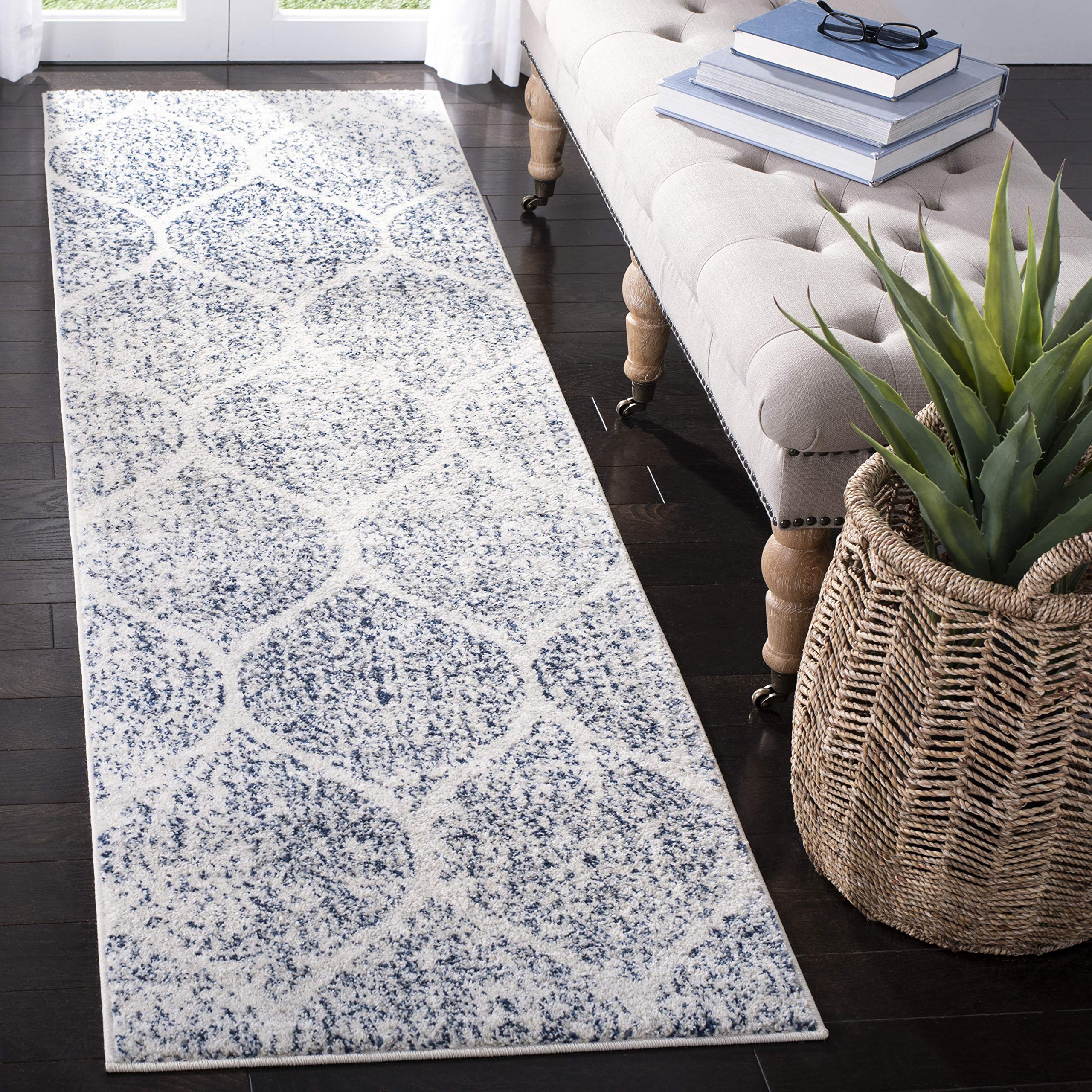 SAFAVIEH Madison Collection Runner Rug - 23 x 20, Cream & Royal Blue, Glam Ogee Trellis Distressed Design, Non-Shedding & Easy