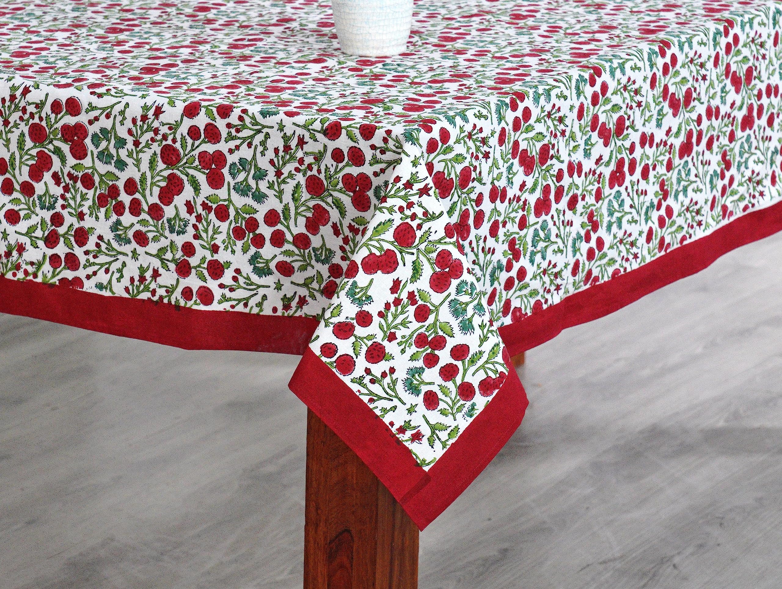 Ridhi Garnet Red Hand Block Print Cotton Rectangle Tablecloth 160 x 72 inch-Reusable Table Cover Decorative Everyday Use for Din