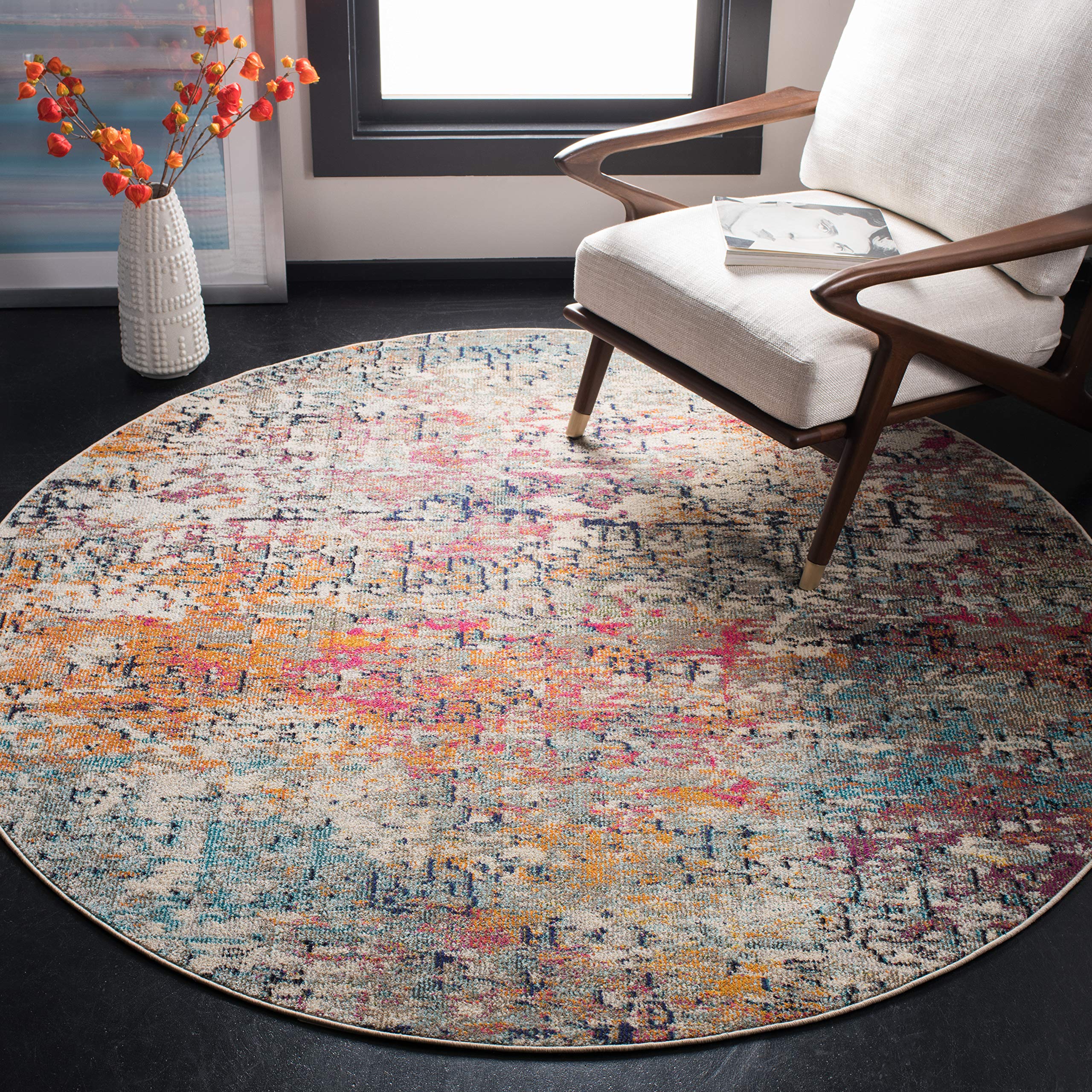 SAFAVIEH Madison Collection 67 Round Grey / Pink MAD460A Modern Abstract Non-Shedding Dining Room Entryway Foyer Living Room Be