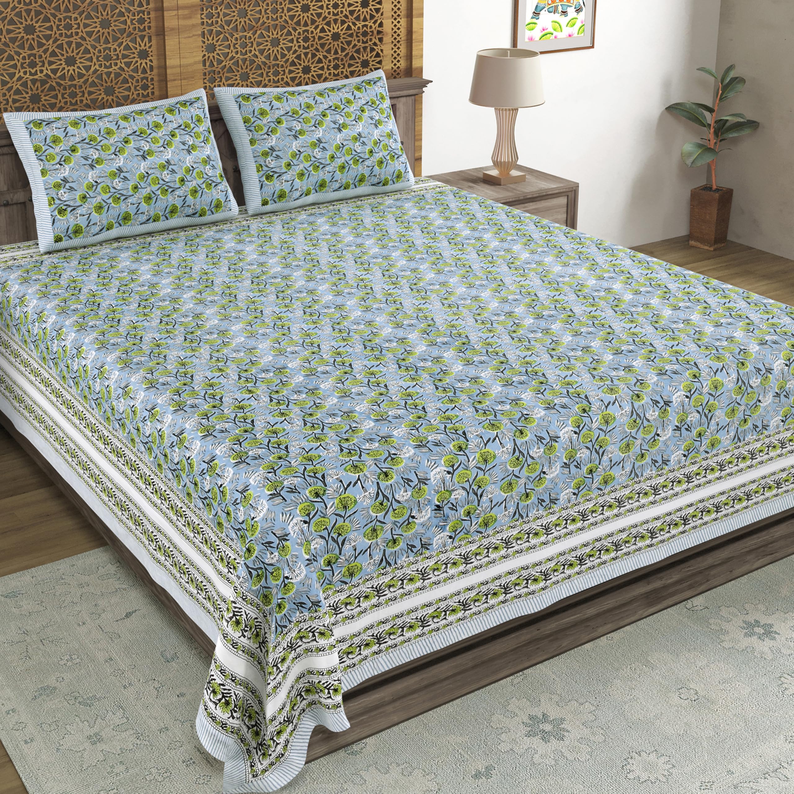 Blocks Of India Hand Block Printed 200 Tc Cotton King Size Bedsheet (Grey Gad Buti)