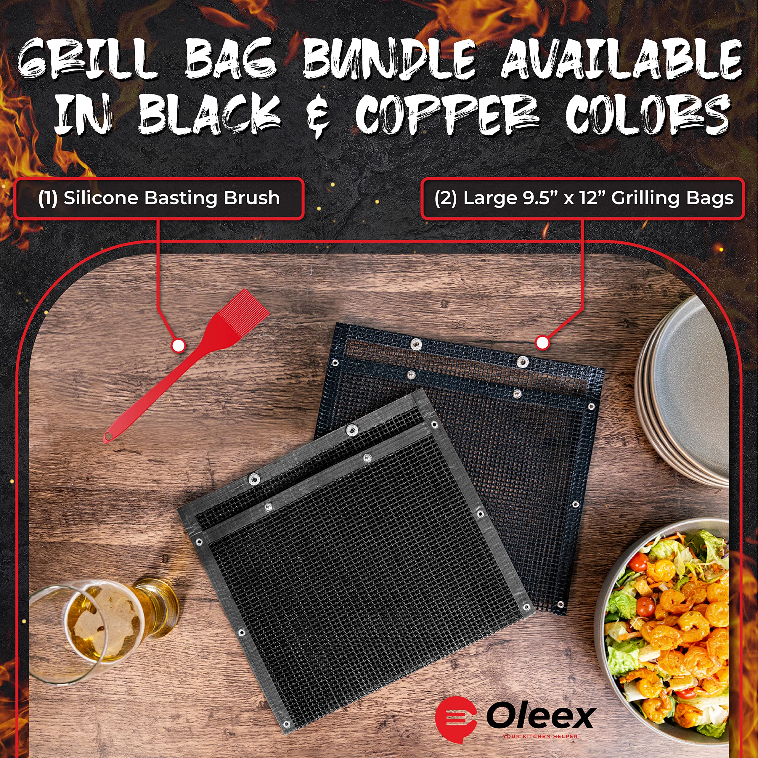 BBQ Non-Stick Large Mesh Grilling Bags + Basting Brush - Reusable PTFE Mesh Indoor Outdoor Charcoal Barbecue Grill Bag Accessories  Heat-Resistant Up to 500 F  Easy to Clean  Dishwasher-Safe - Set of 2