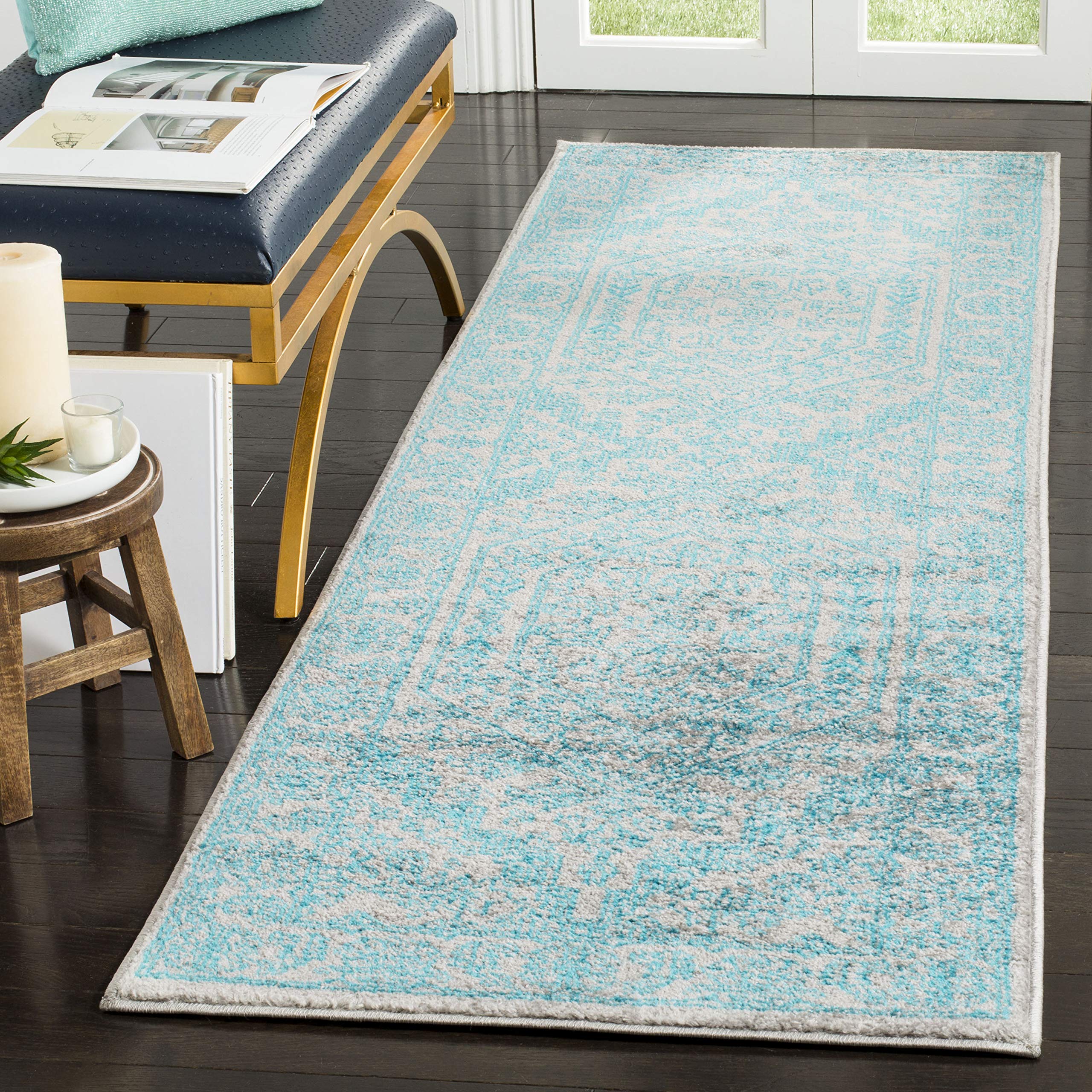 SAFAVIEH Adirondack Collection Runner Rug - 26 x 8, Light Grey & Teal, Oriental Medallion Design, Non-Shedding & Easy Care, Id