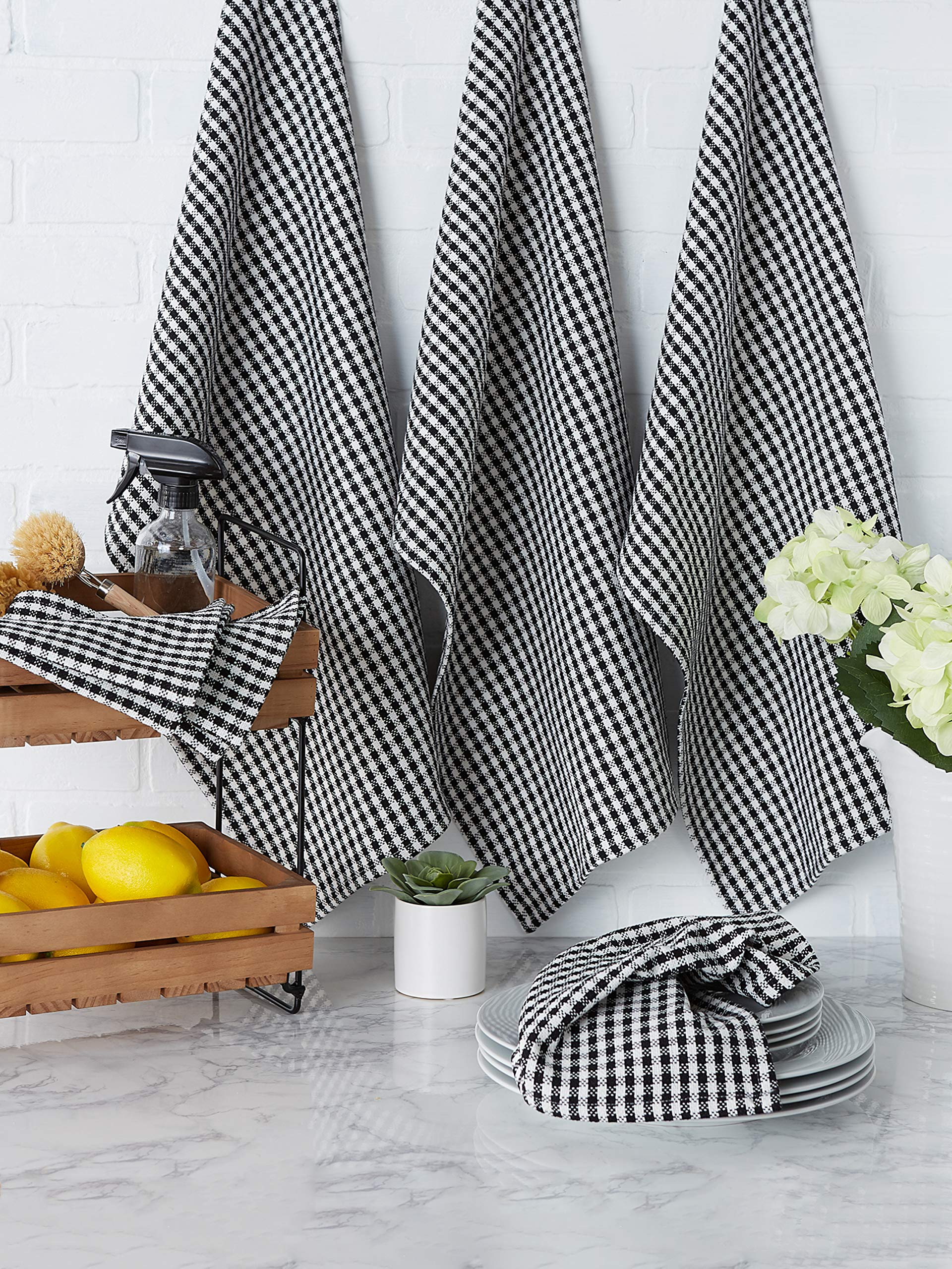Dii French Check Kitchen Collection Decorative Oversized Cotton Dishtowels, Assorted Set, Black, 6 Piece