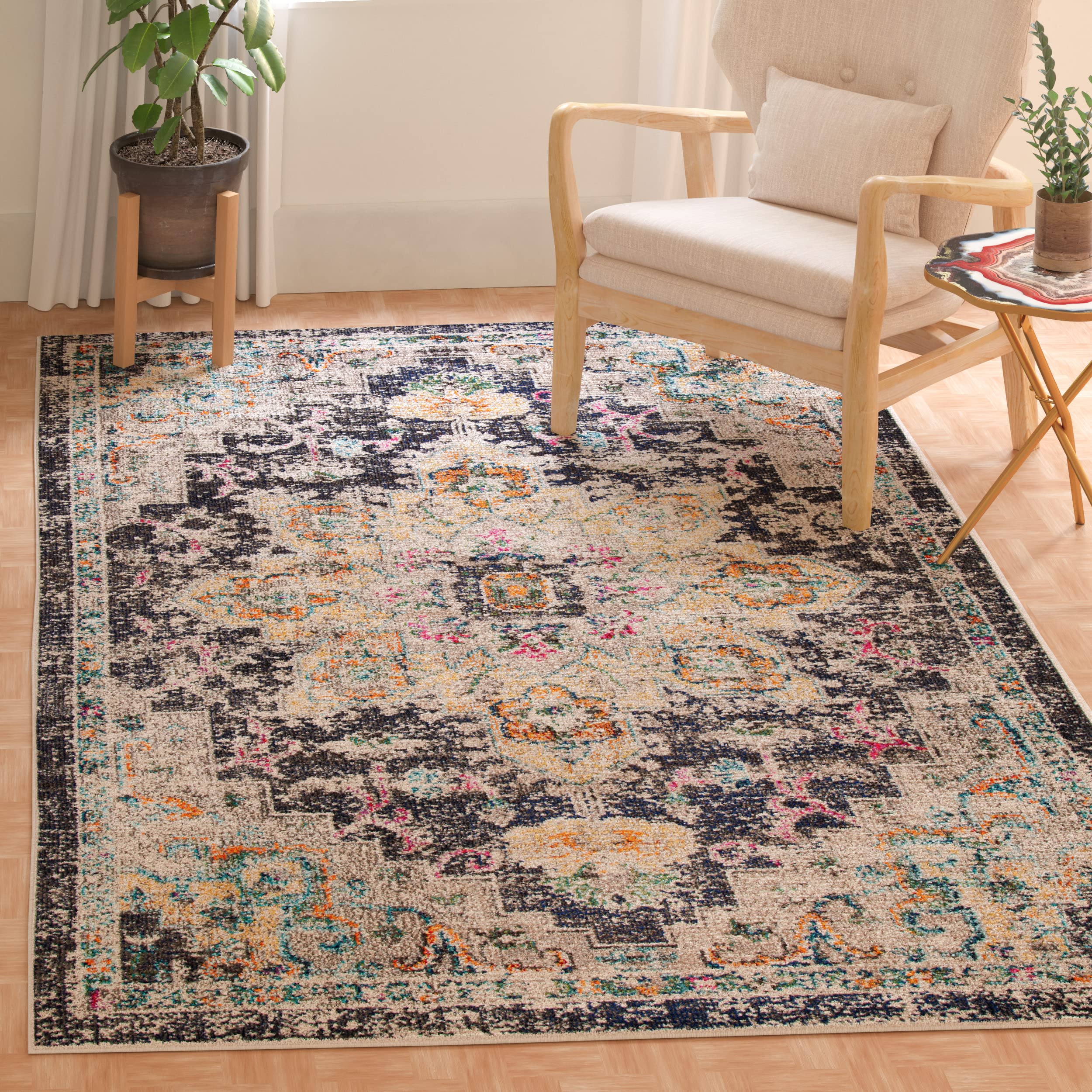 SAFAVIEH Madison Collection Accent Rug - 3 x 5, Black & Gold, Medallion Distressed Design, Non-Shedding & Easy Care, Ideal for