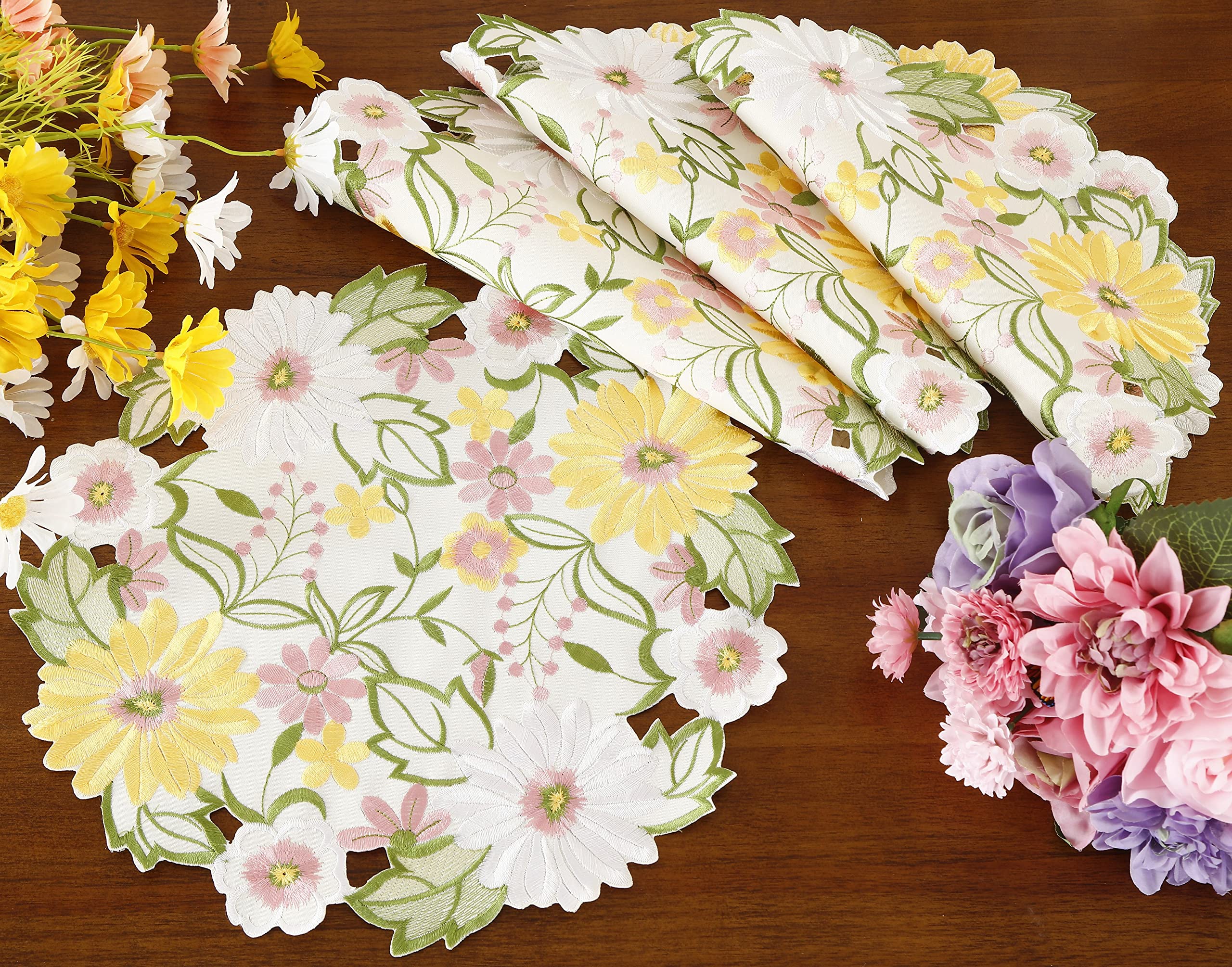Embroidered Flowery Placemat 14 '' Set Of 4 Applique Floral Daisy Cutwork Embroidered Table Linen, Home Kitchen Dining Tabletop