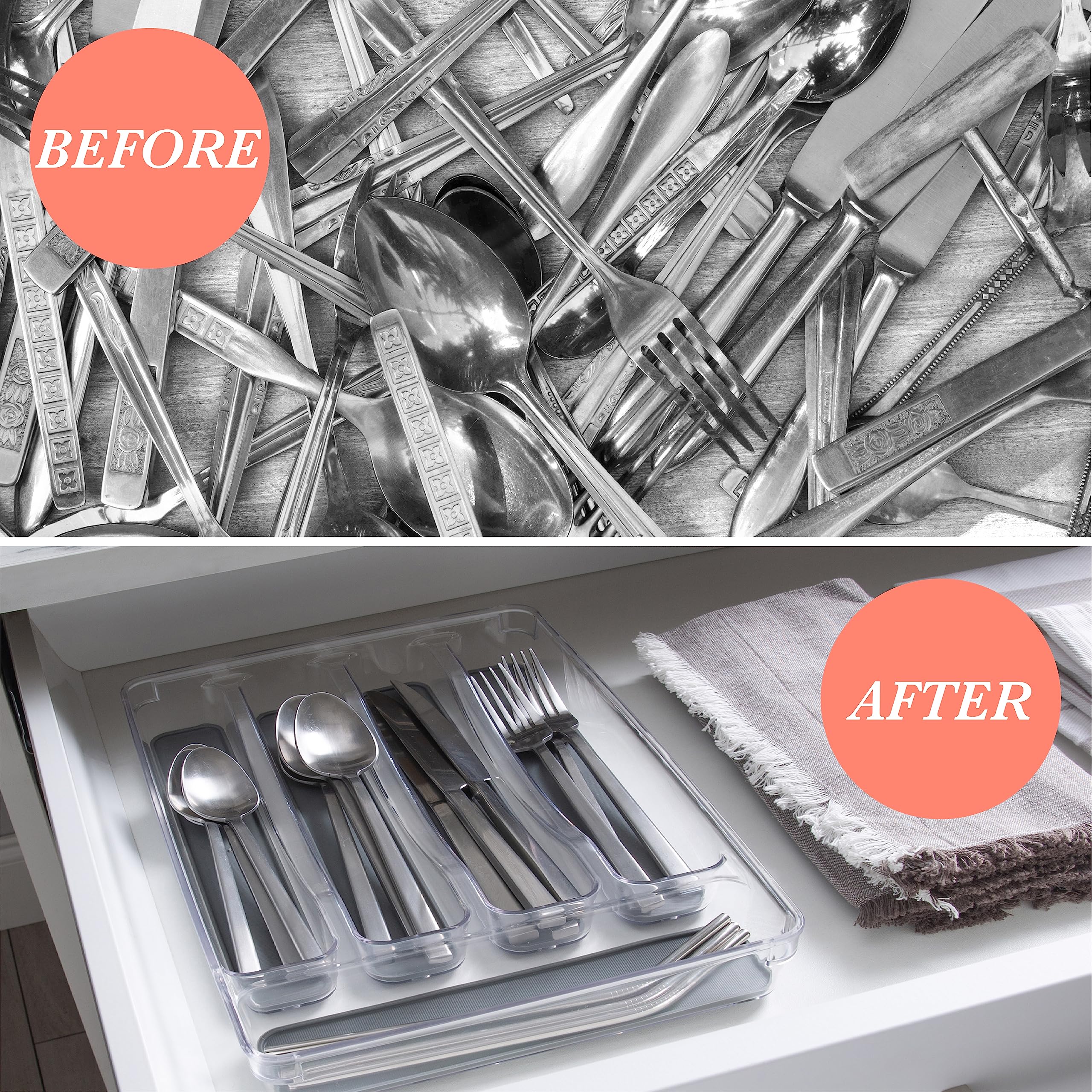 Kitchen Details Utensil and Cutlery Drawer Organizer, 5 Compartment, Clear Plastic, Model 23195