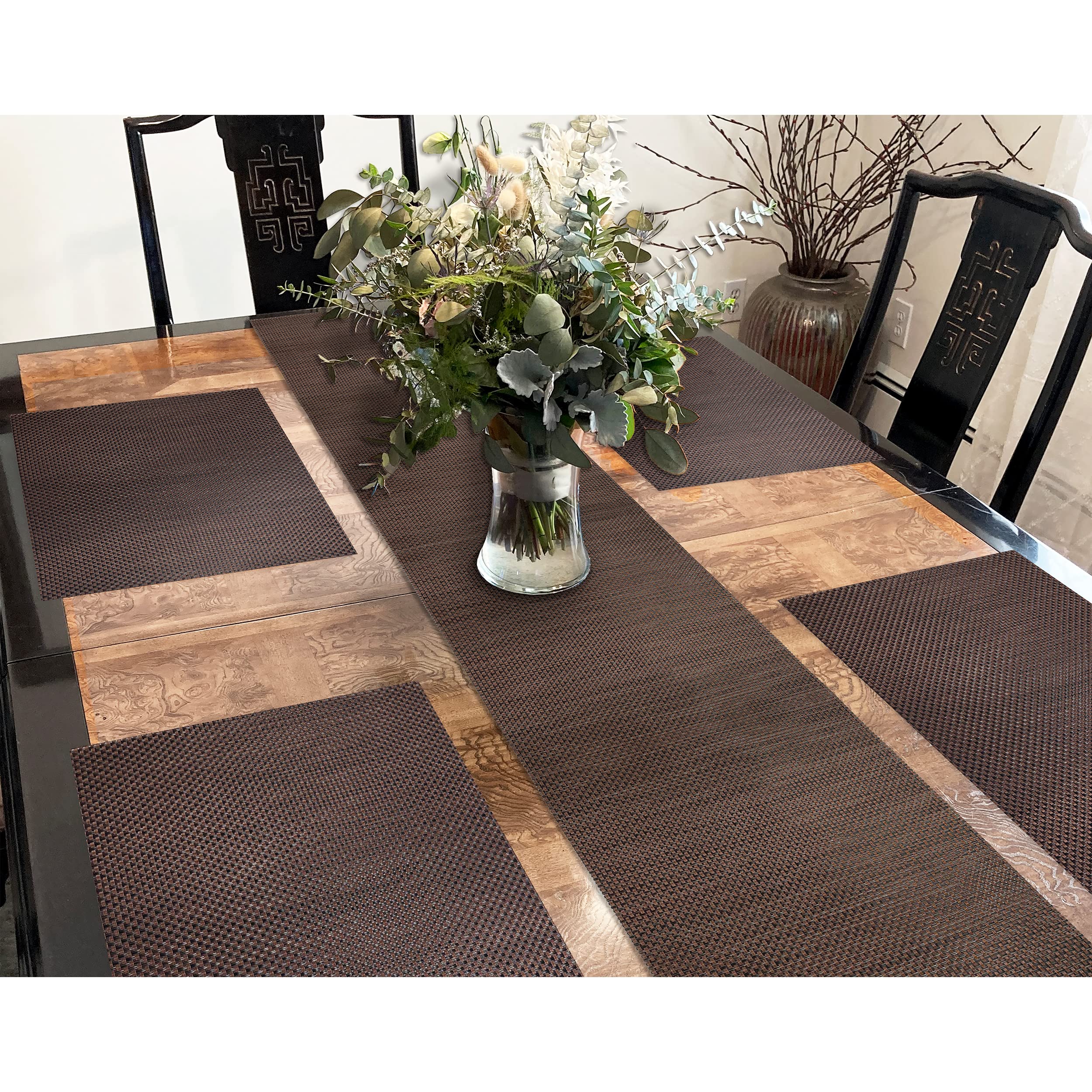 Ck Home Basketweave Runner (72 '' X12 '') & 4 Placemats (18 '' X12 '') Set Of 5, Vinyl Table Mats For Indoor/Outdoor Washable &