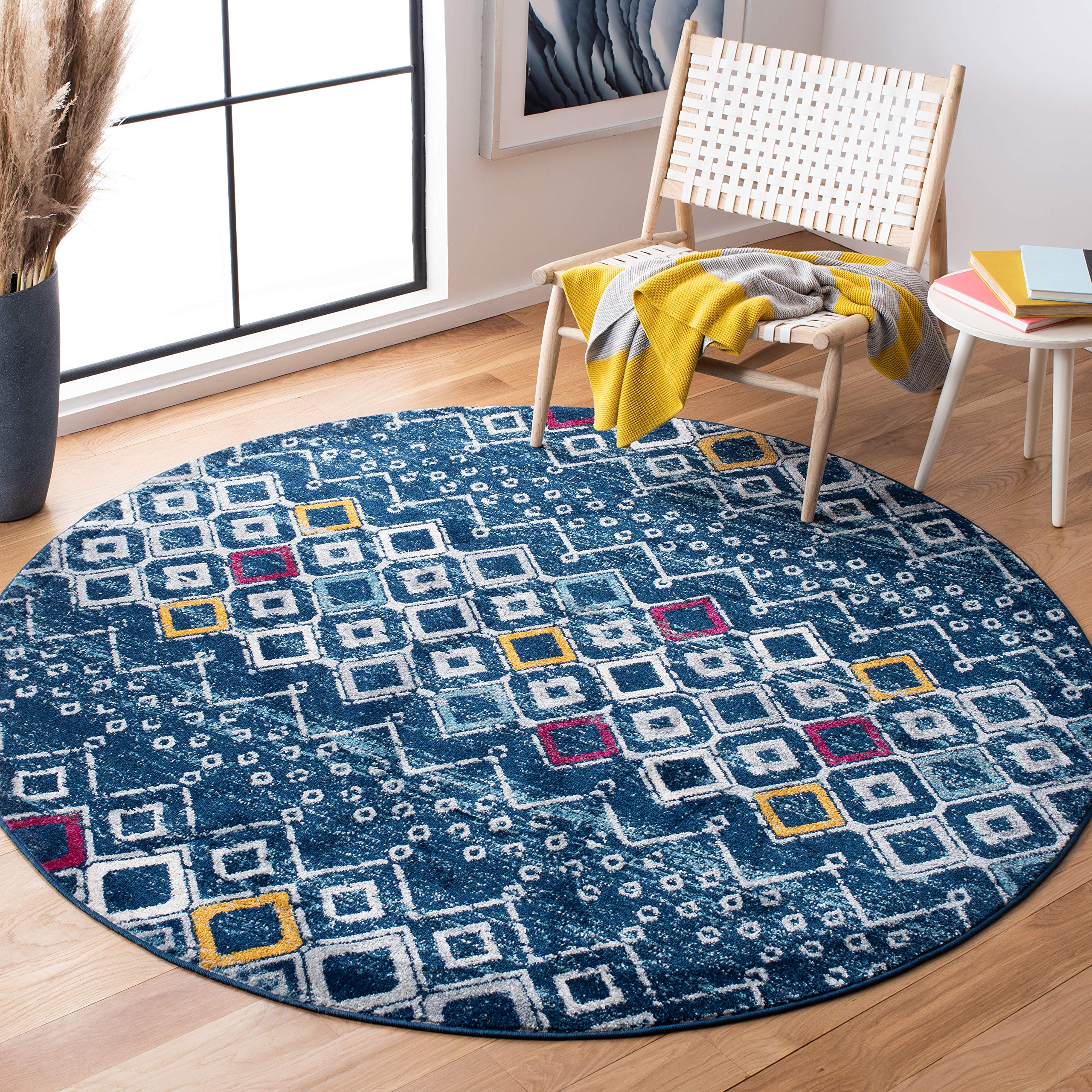 SAFAVIEH Amsterdam Collection Area Rug - 8 Round, Navy & Turquoise, Moroccan Boho Design, Non-Shedding & Easy Care, Ideal for H
