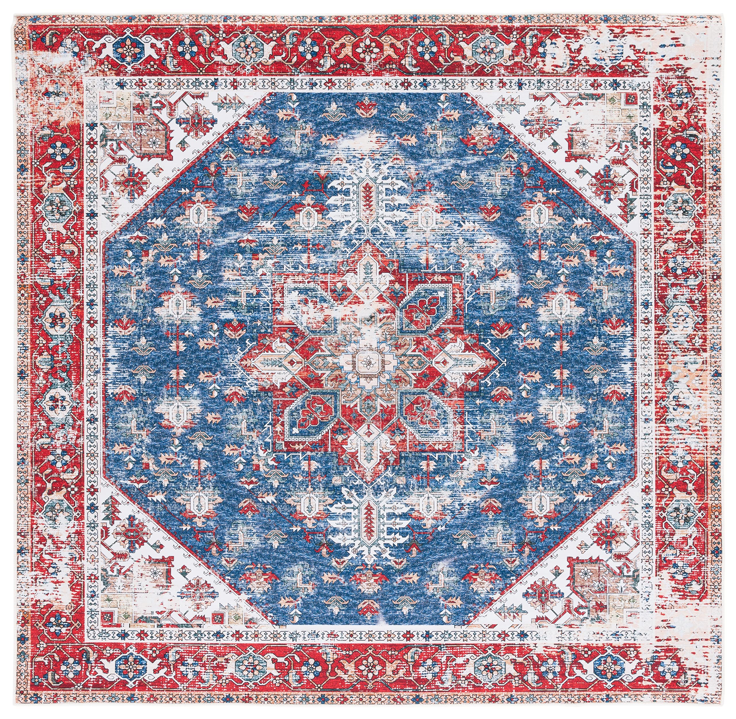 SAFAVIEH Tucson Collection Area Rug - 4 Square, Blue & Red, Persian Medallion Design, Non-Shedding Machine Washable & Slip Resi