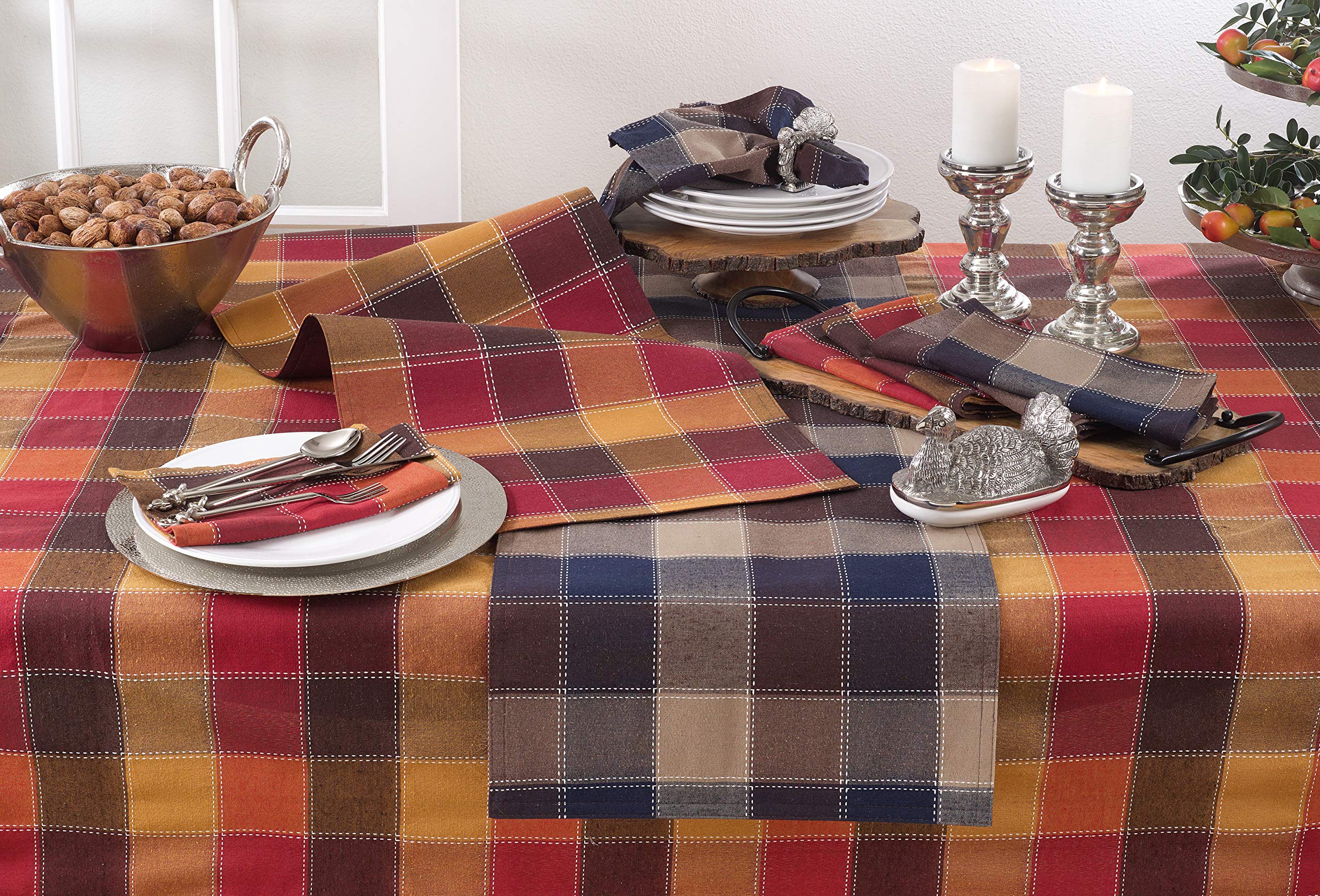 Saro Lifestyle 8571.M70S Harvest Collection Cotton Blend Tablecloth With Stitched Plaid Design, 70'', Multi
