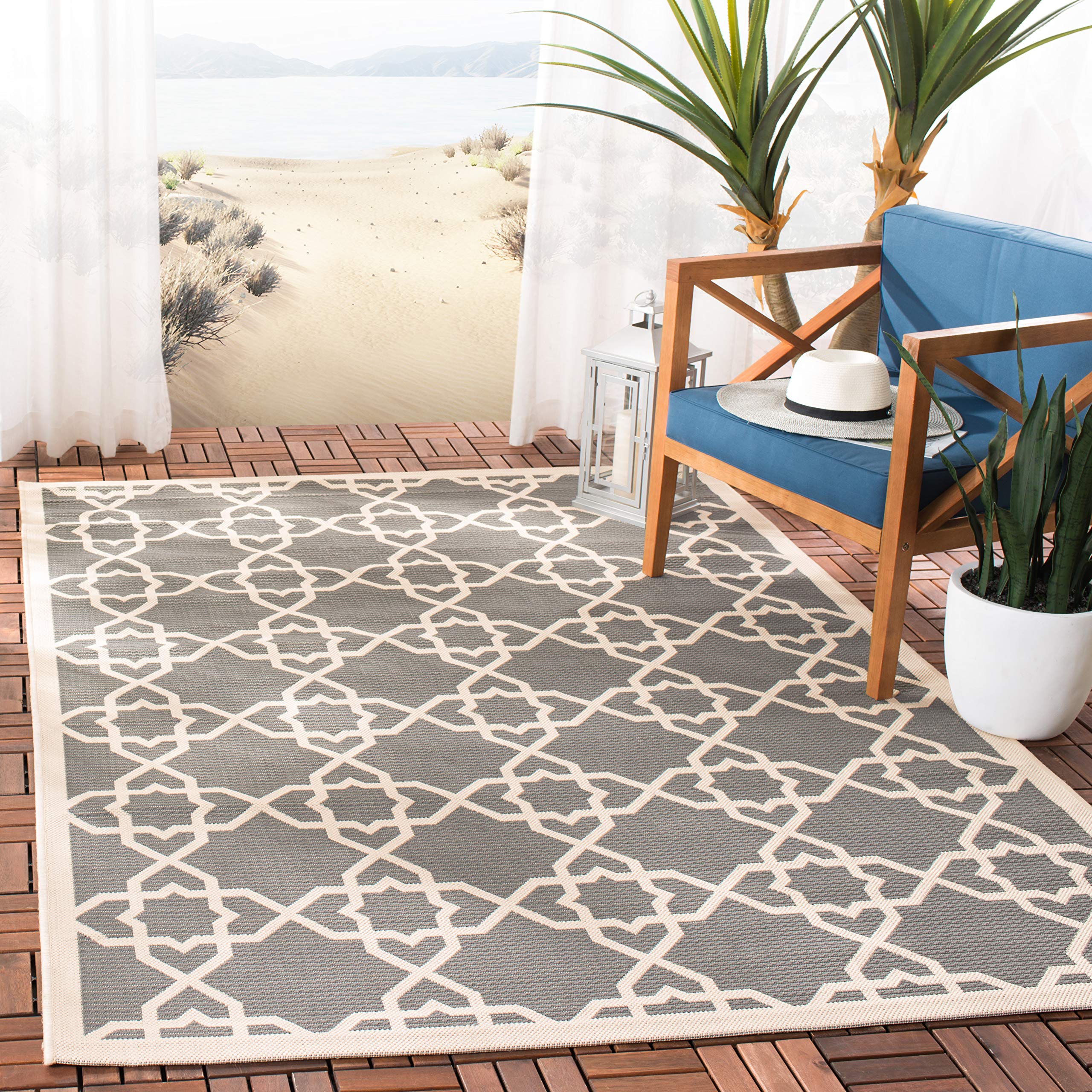 SAFAVIEH Courtyard Collection Accent Rug - 4 x 57, Grey & Beige, Non-Shedding & Easy Care, Indoor/Outdoor & Washable-Ideal for