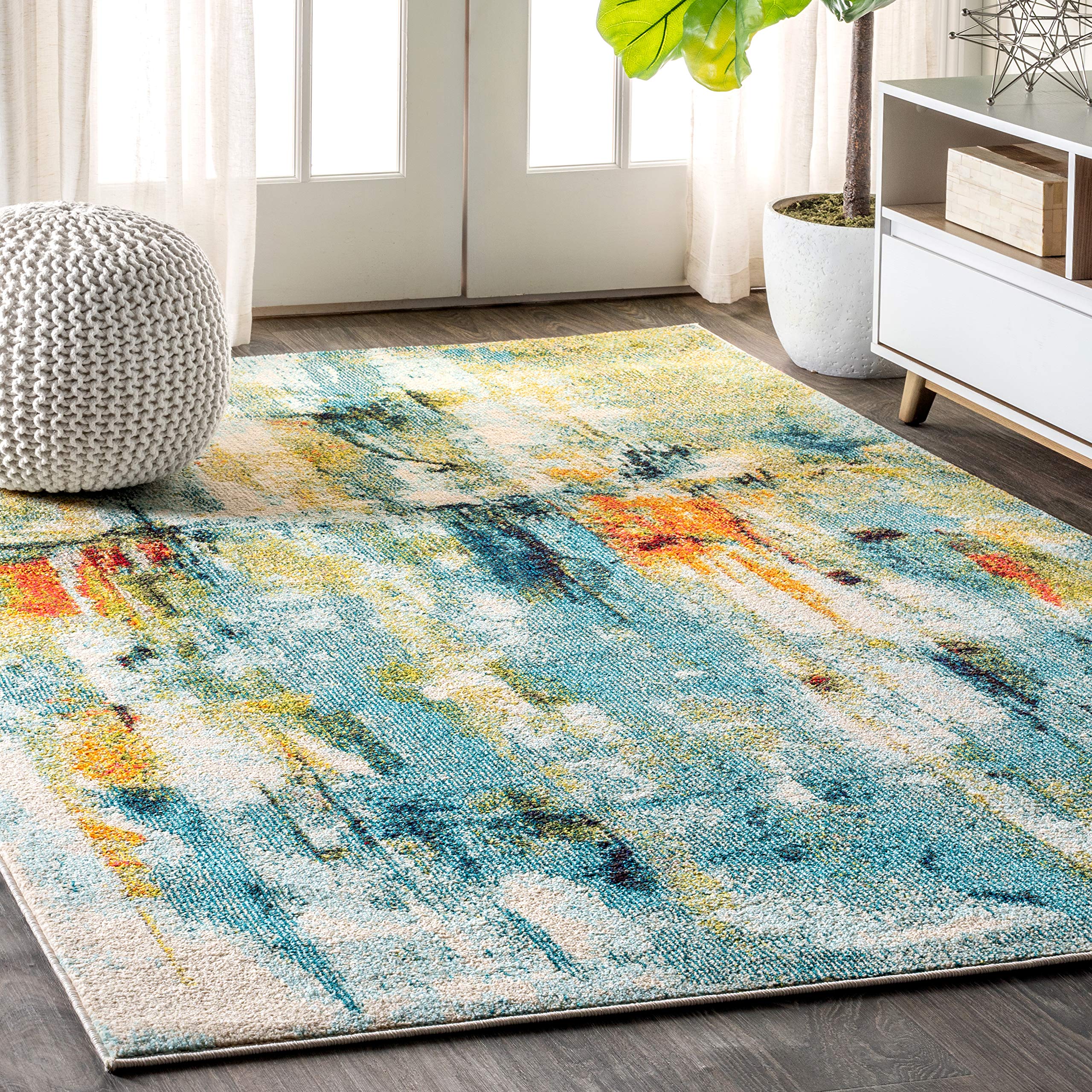 JONATHAN Y CTP100A-8 Contemporary POP Modern Abstract Waterfall Blue/Cream 8 ft. x 10 ft. Area-Rug, Bohemian, Easy-Cleaning, for