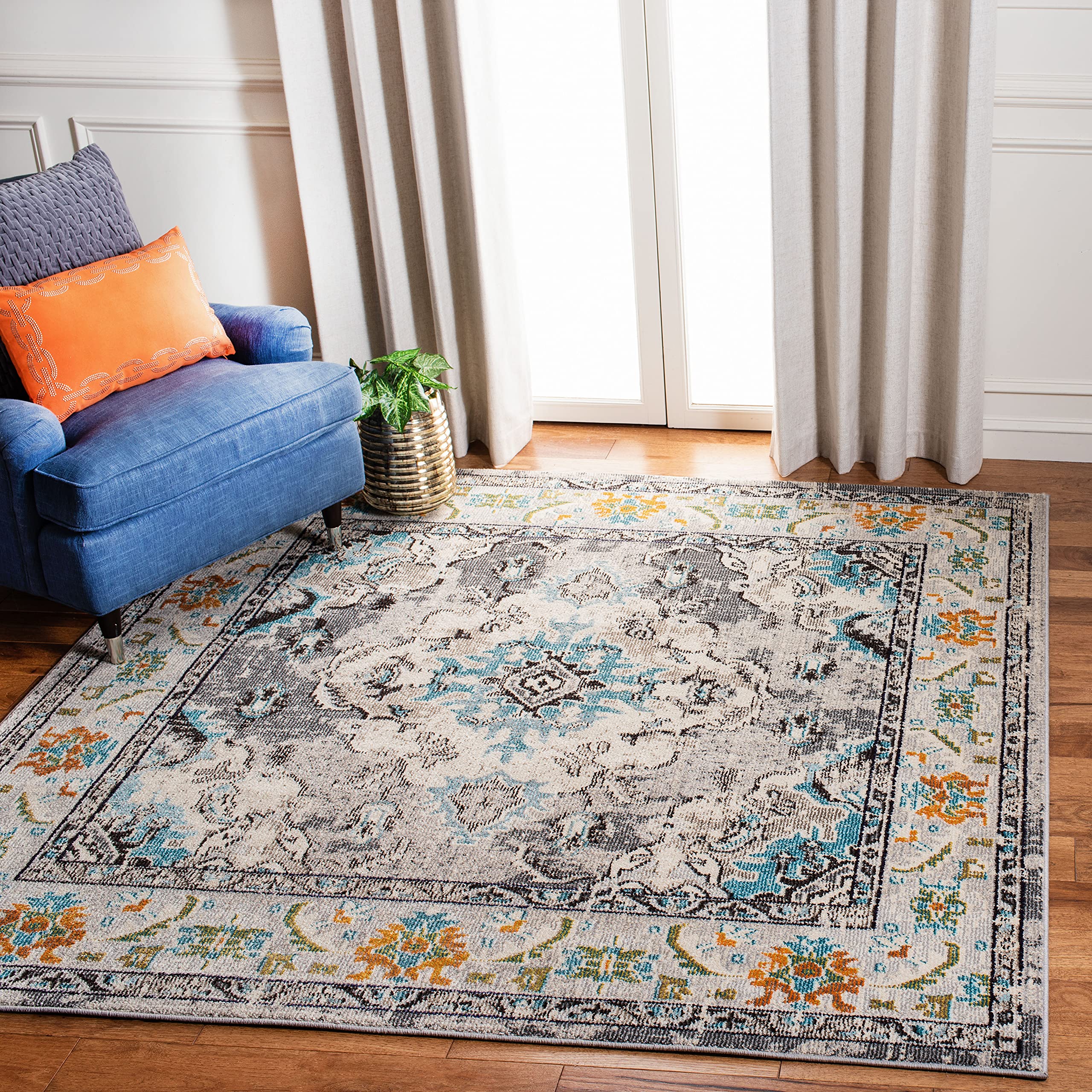 SAFAVIEH Monaco Collection 67 Square GreyLight Blue MNC243G Boho Chic Medallion Distressed Non-Shedding Living Room Bedroom Din