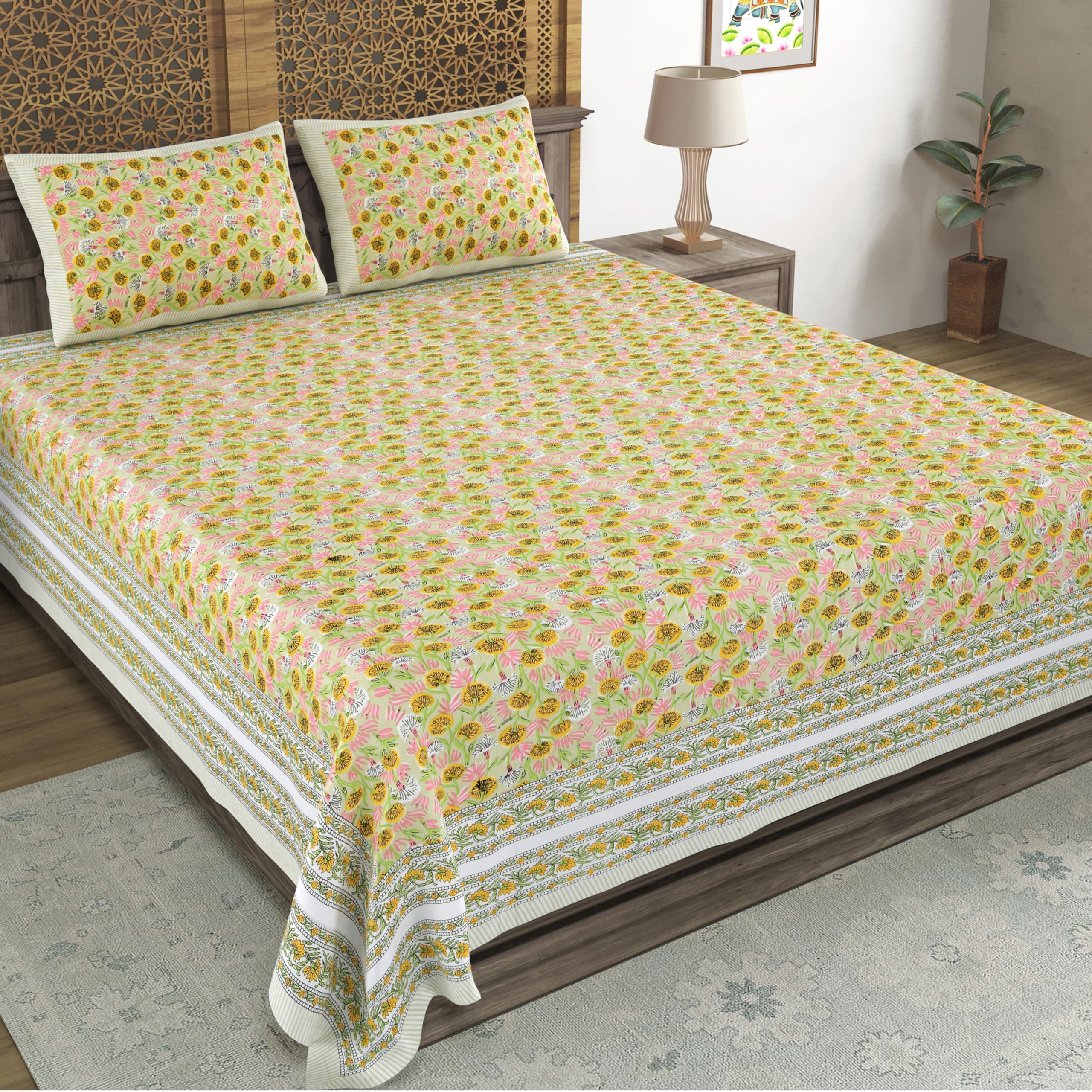 Blocks Of India Hand Block Printed 200 Tc Cotton King Size Bedsheet (Green Gad Buti)