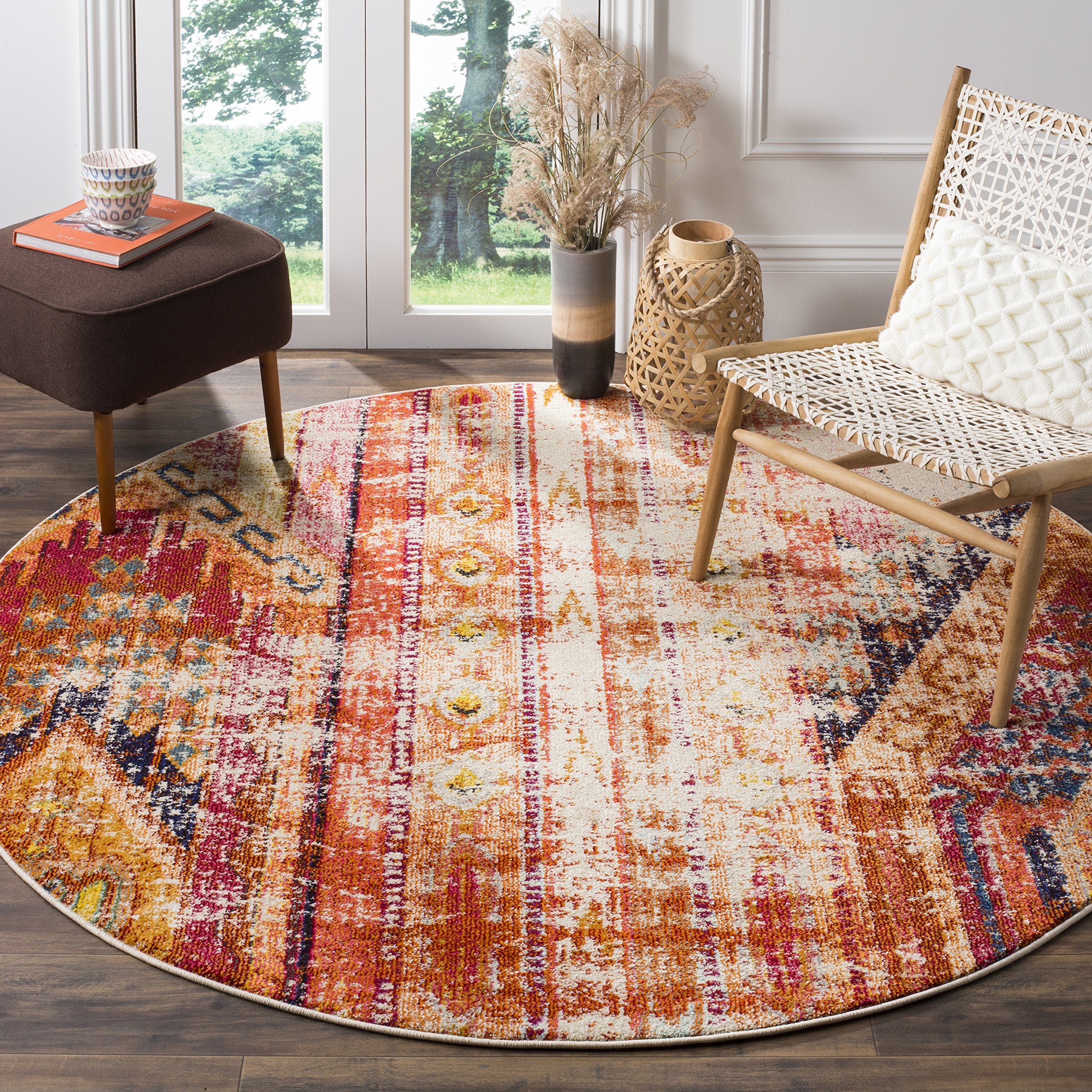 SAFAVIEH Monaco Collection Area Rug - 5 Round, Orange & Multi, Boho Chic Tribal Distressed Design, Non-Shedding & Easy Care, Id