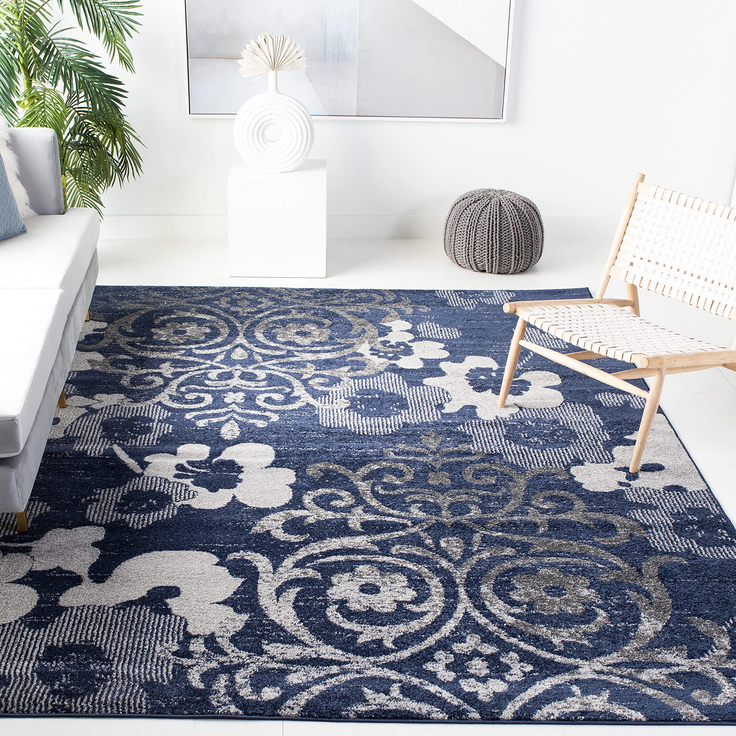SAFAVIEH Adirondack Collection 8 Square Navy / Silver ADR114N Floral Glam Damask Distressed Non-Shedding Living Room Bedroom Di