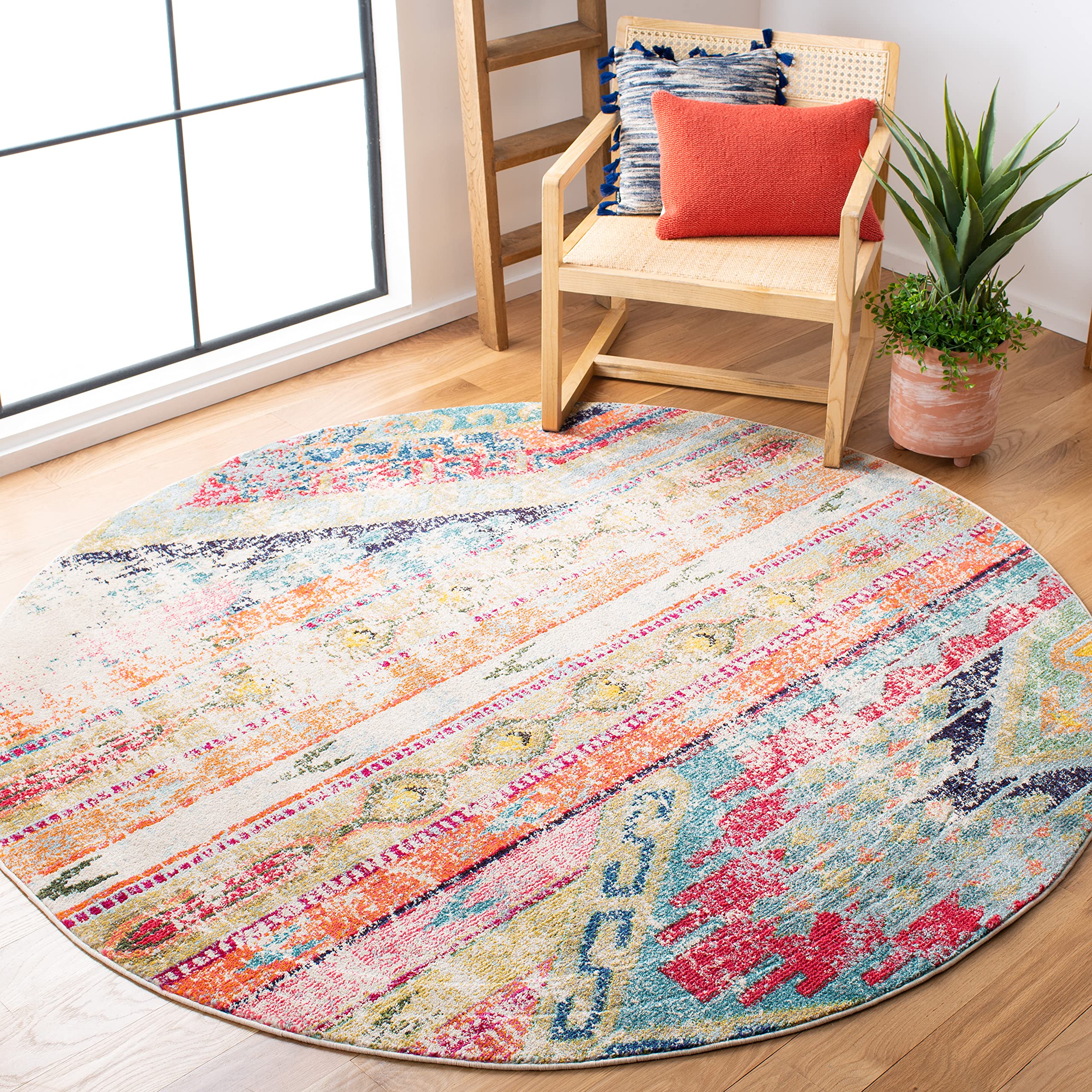 SAFAVIEH Monaco Collection Area Rug - 4 Round, Multi, Boho Chic Tribal Distressed Design, Non-Shedding & Easy Care, Ideal for H