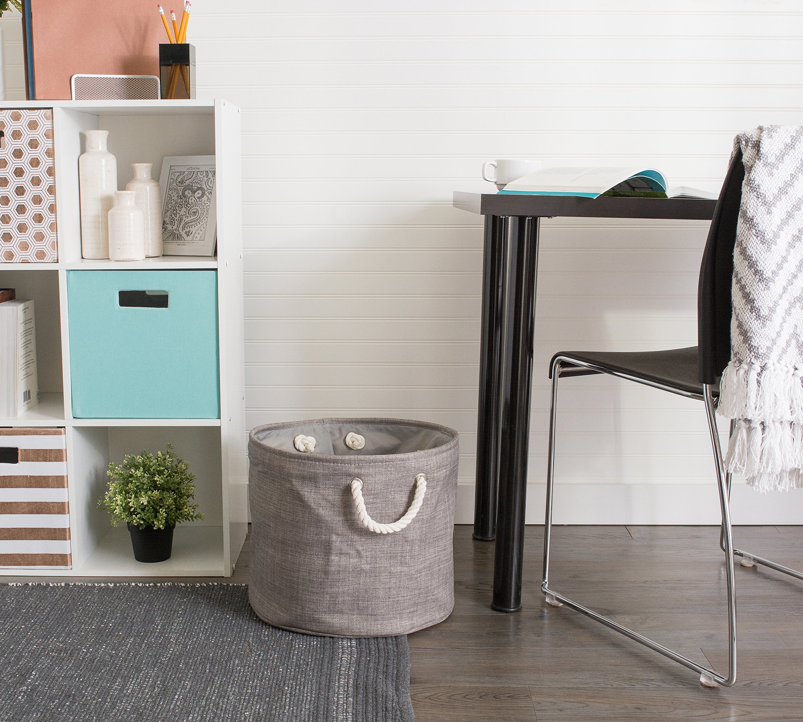 DII  Collapsible Variegated Polyester Storage Bin with Cotton Handles Small Round Gray