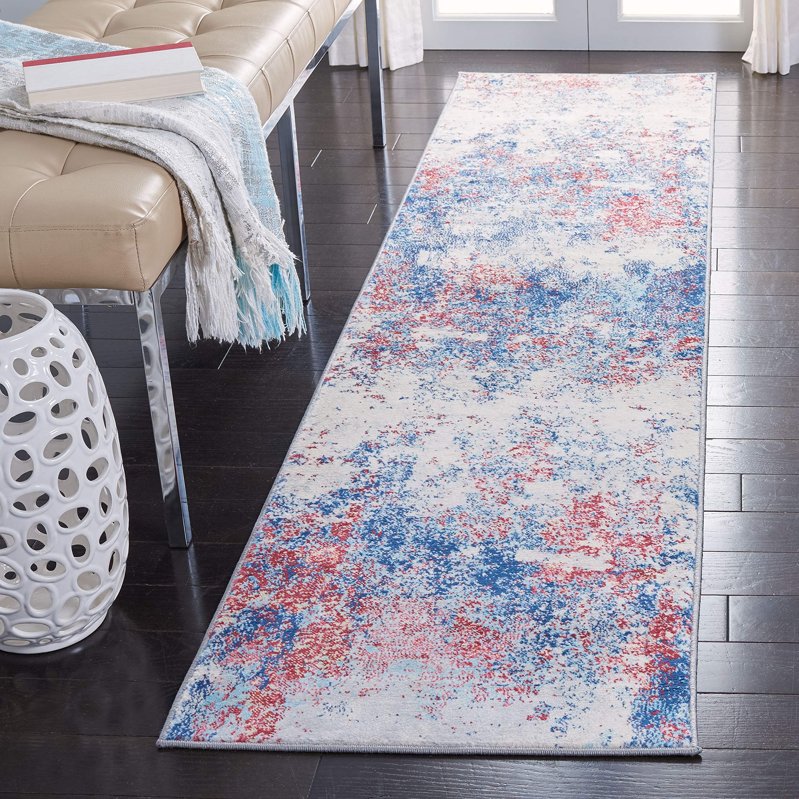 SAFAVIEH Brentwood Collection 2 x 8 Navy / Red BNT822N Modern Abstract Non-Shedding Living Room Entryway Foyer Hallway Bedroom