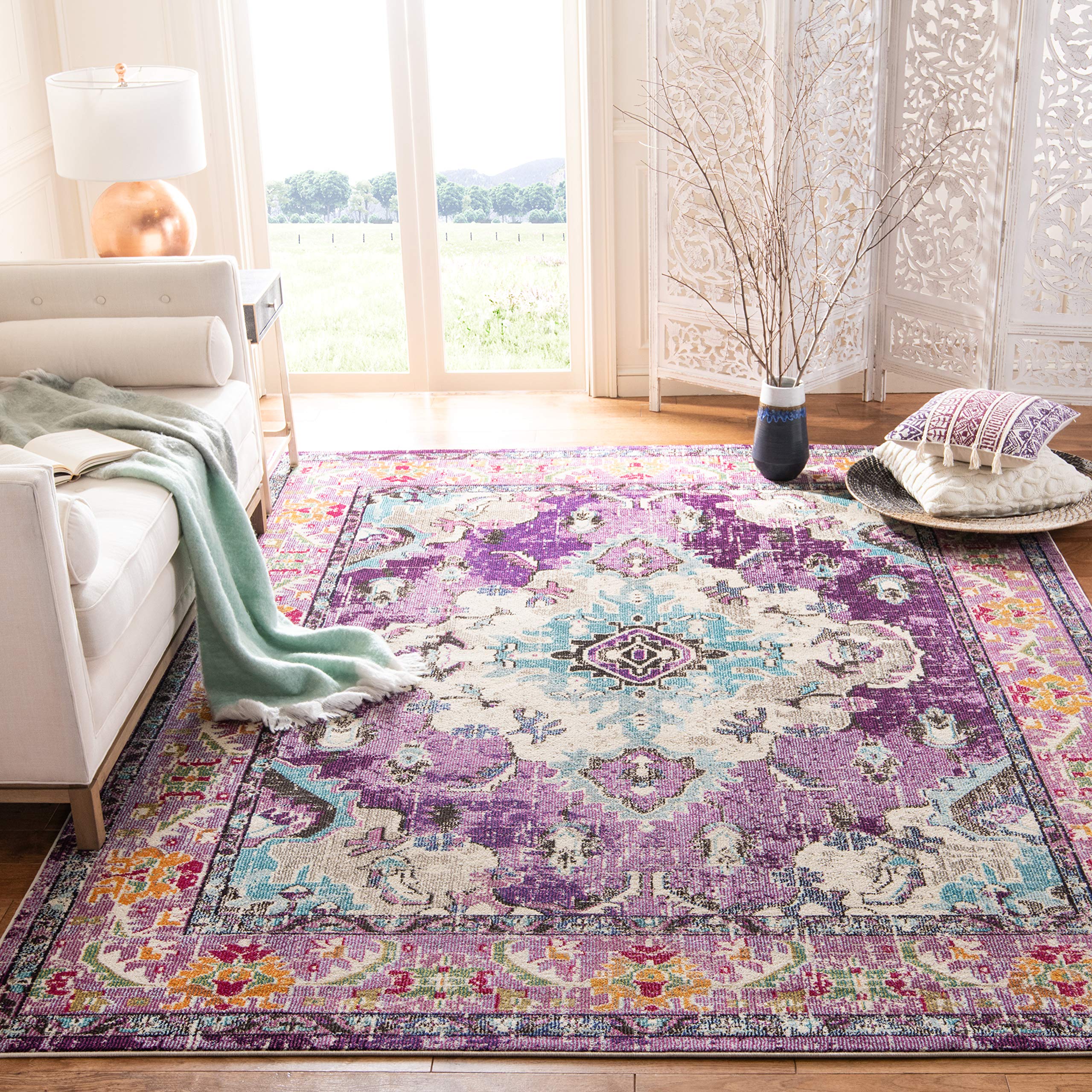 SAFAVIEH Monaco Collection Area Rug - 8 x 11, Violet & Light Blue, Boho Chic Medallion Distressed Design, Non-Shedding & Easy 