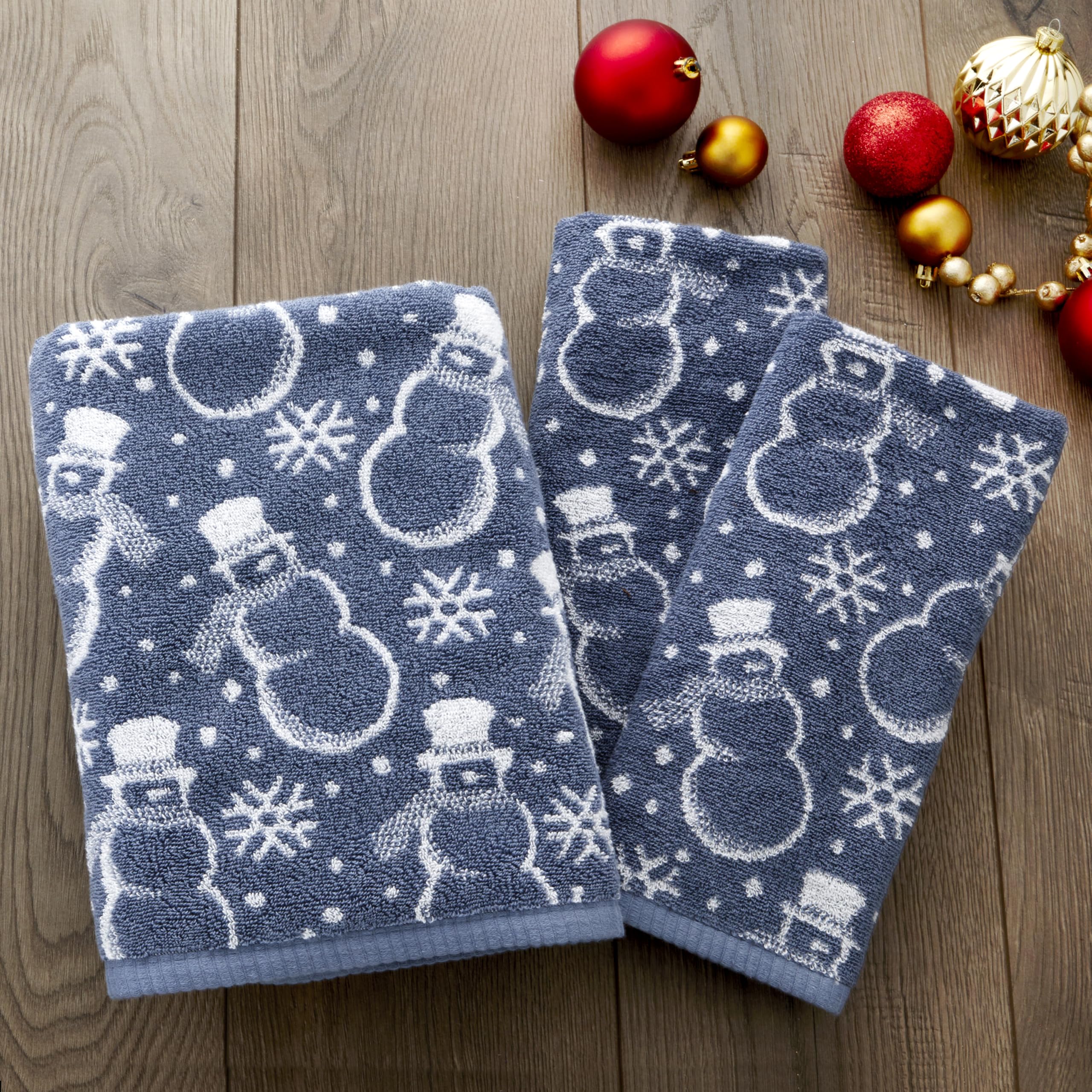 Skl Home Winter/Christmas Top Hat Snowmen Hand Towel 2Pc Set For Bath/Kitchen/Bar & Gift, Blue
