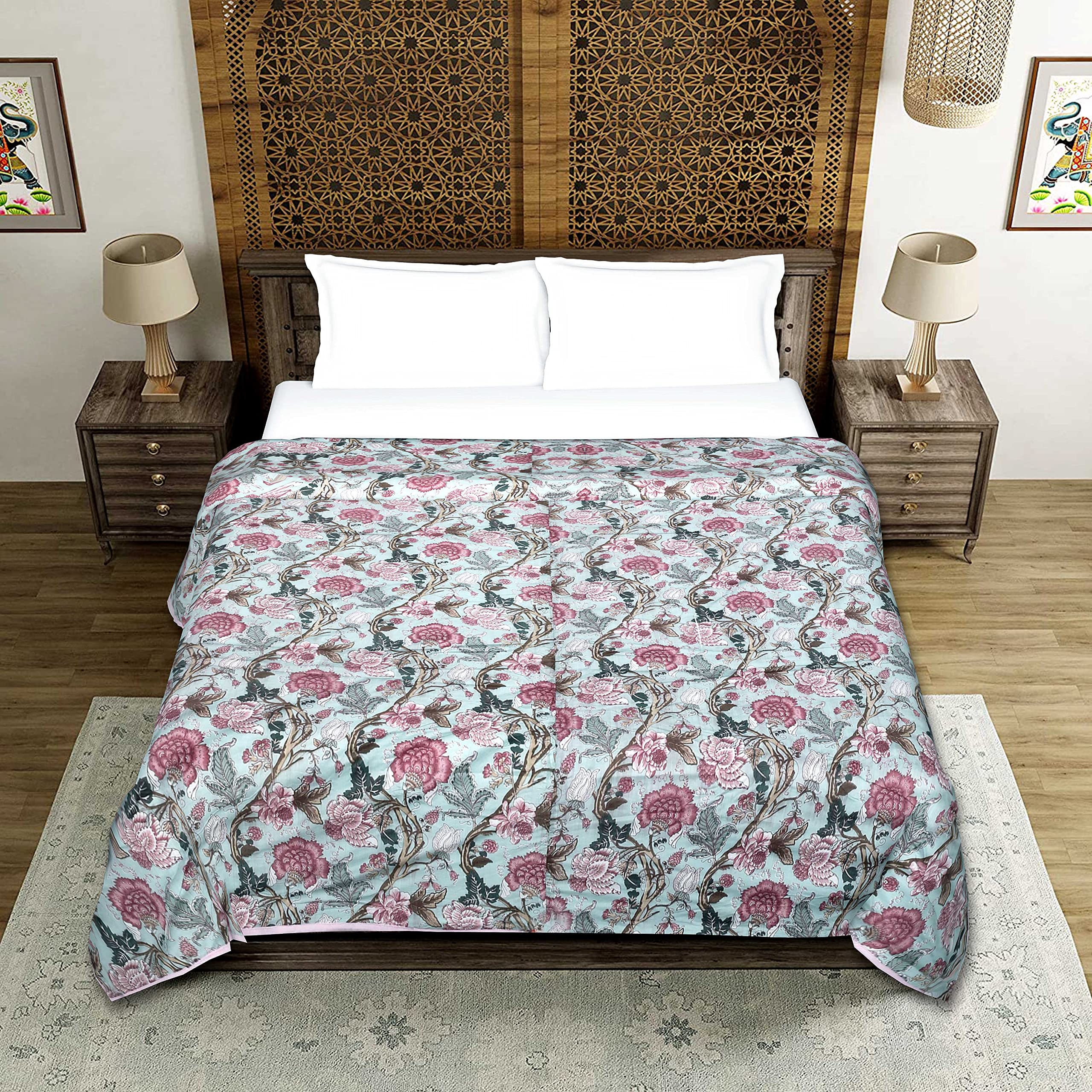Crimson Crochet Pure 100% Cotton Malmal Reversible Dohar Single Bed Size Jaipuri Printed Artisan Block Design Bed Blanket Soft L