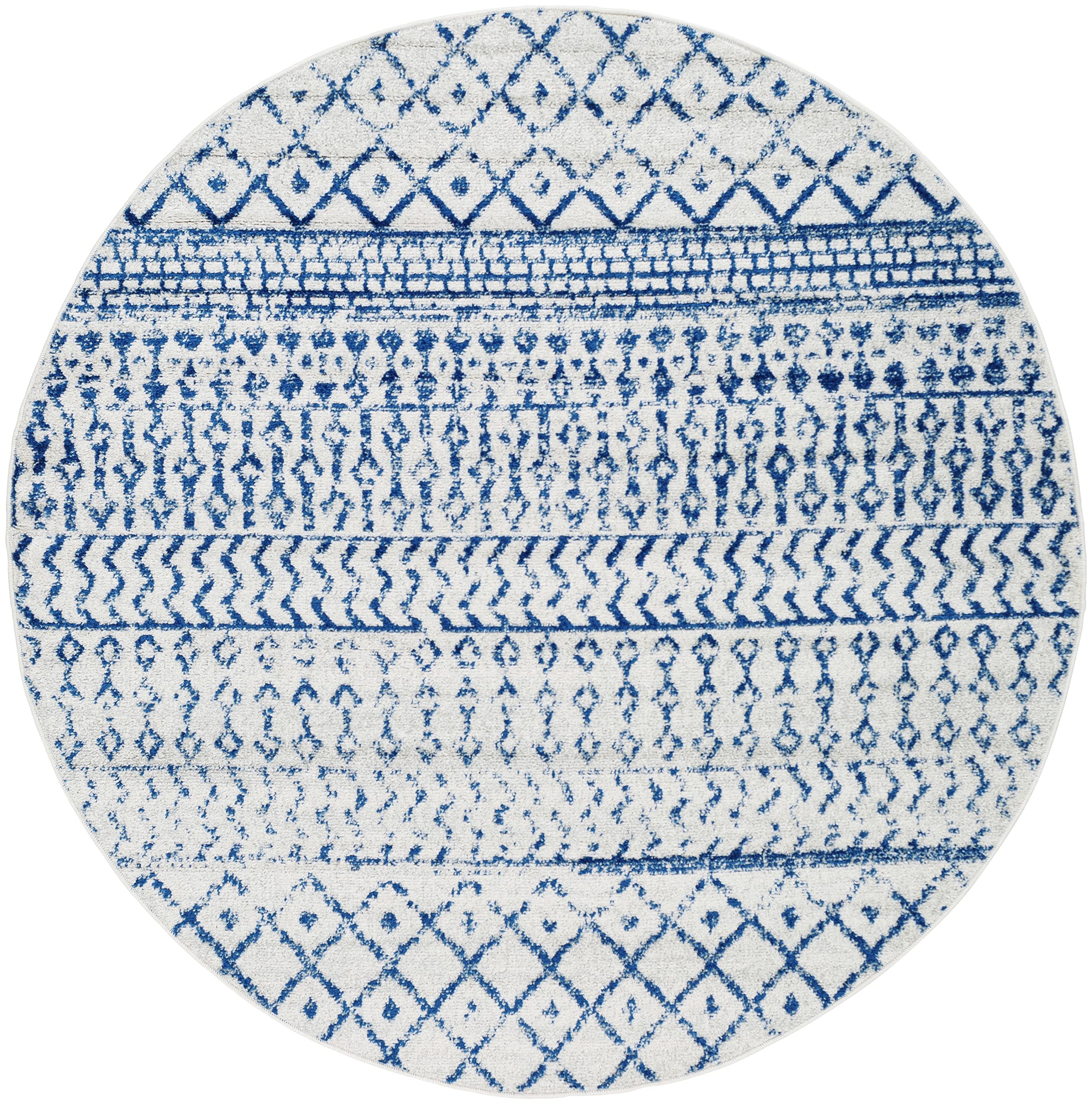 Livabliss Area Rugs - 5ft Round Chester Boho Moroccan Cream Rug for Living Room Bedroom - Blue Slate Gray Geometric Stain Resist