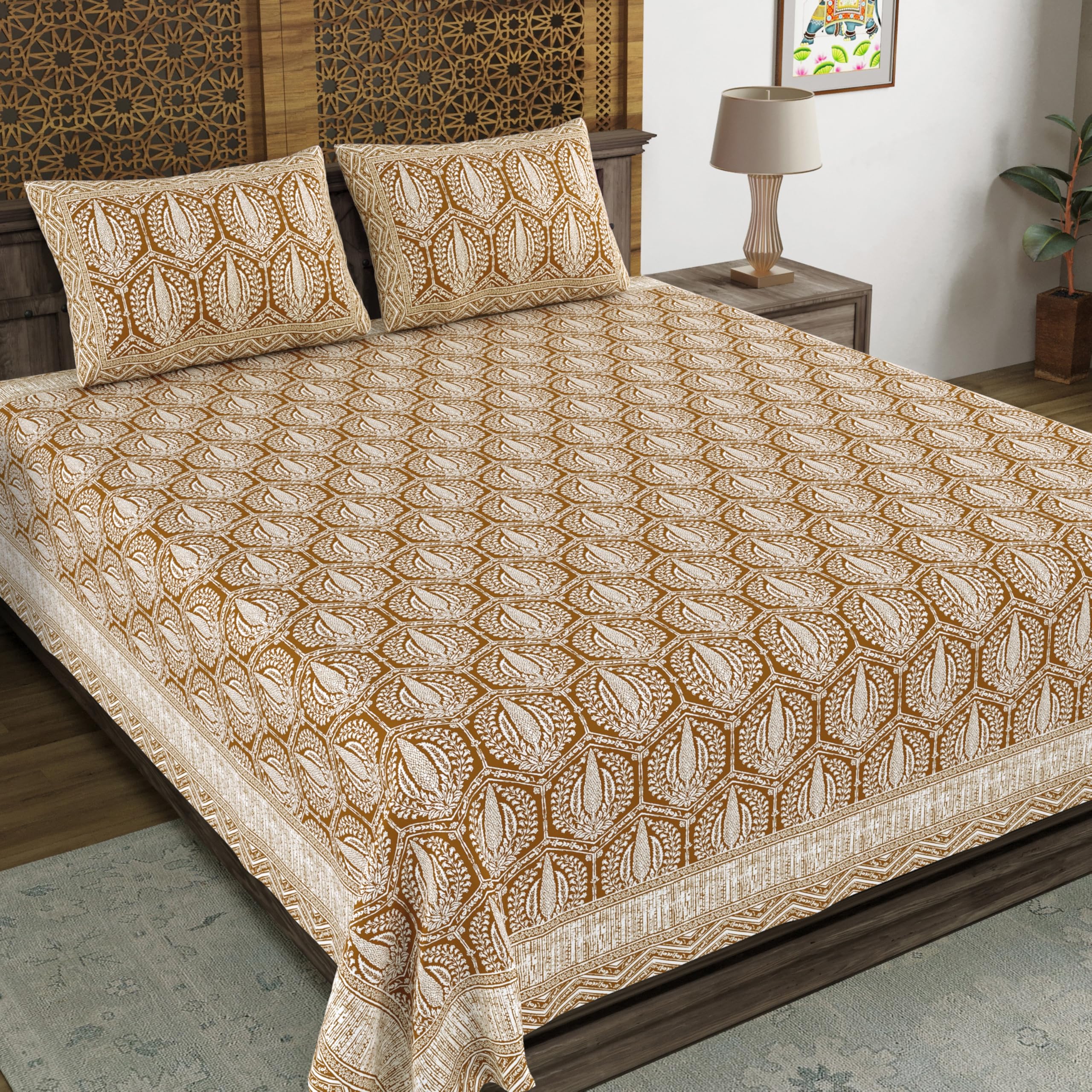 Blocks Of India Hand Block Printed 200 Tc Cotton Super King Size Bedsheet (Brown Pine Tree)