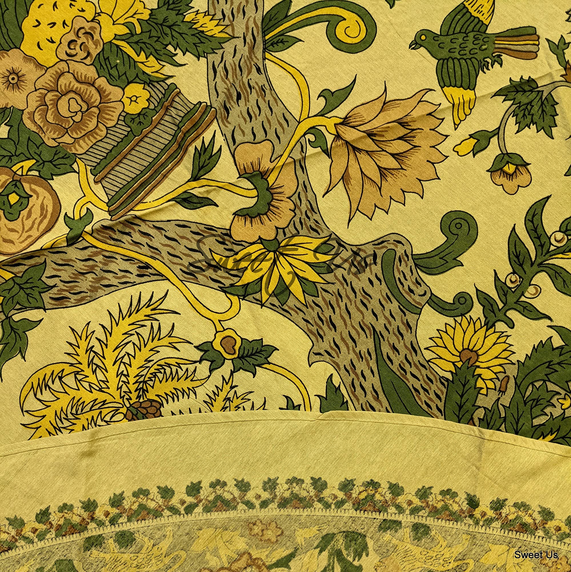 Sweet Us Tree Of Life Tablecloth For Round Tables, Cotton Floral Kitchen Dining Table Cloth, Linen Beige Yellow, Table Cover For
