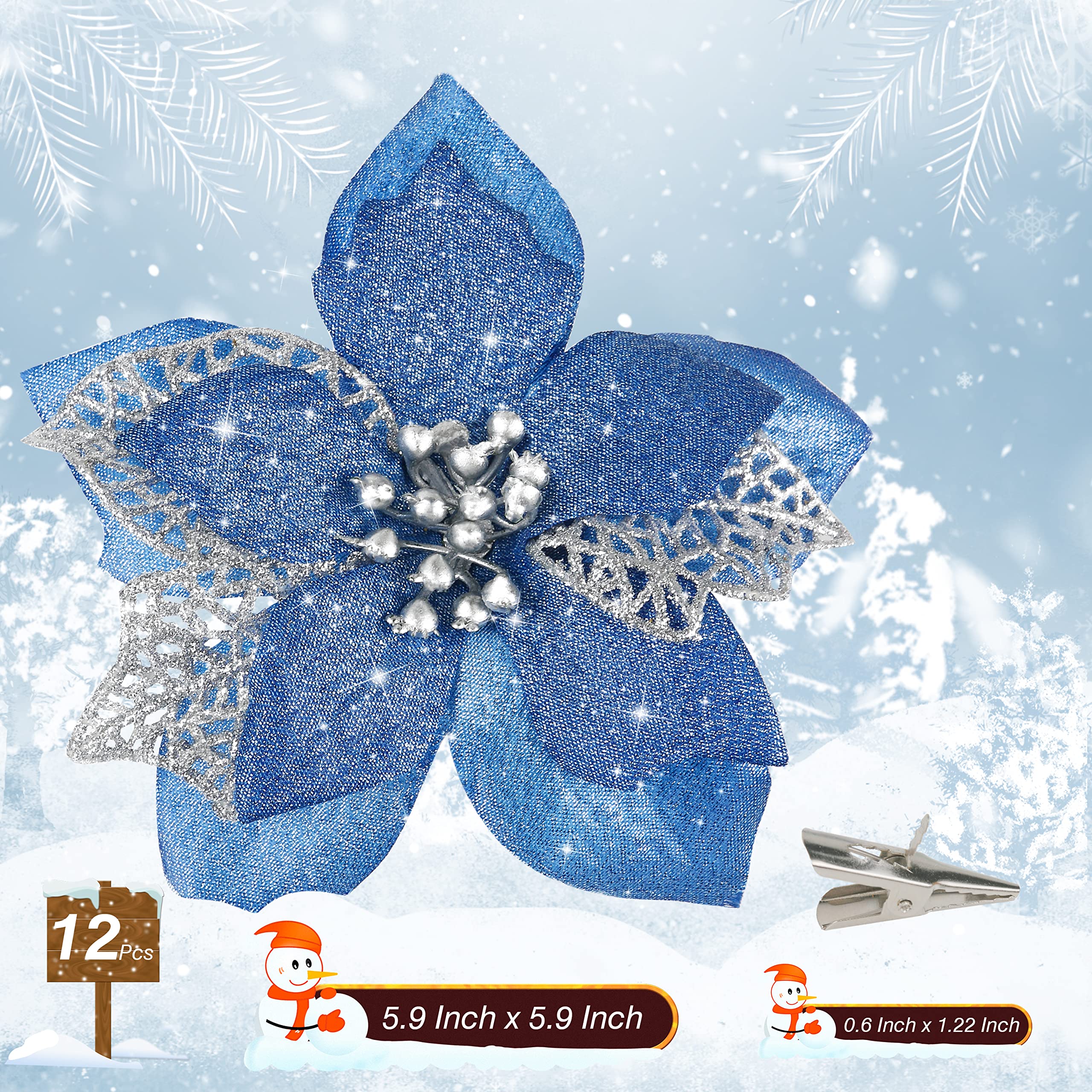 12 PCS Poinsettia Flower Artificial Poinsettia Christmas Decoration 5.9 Blue Glitter Poinsettias Christmas Ornaments Christmas