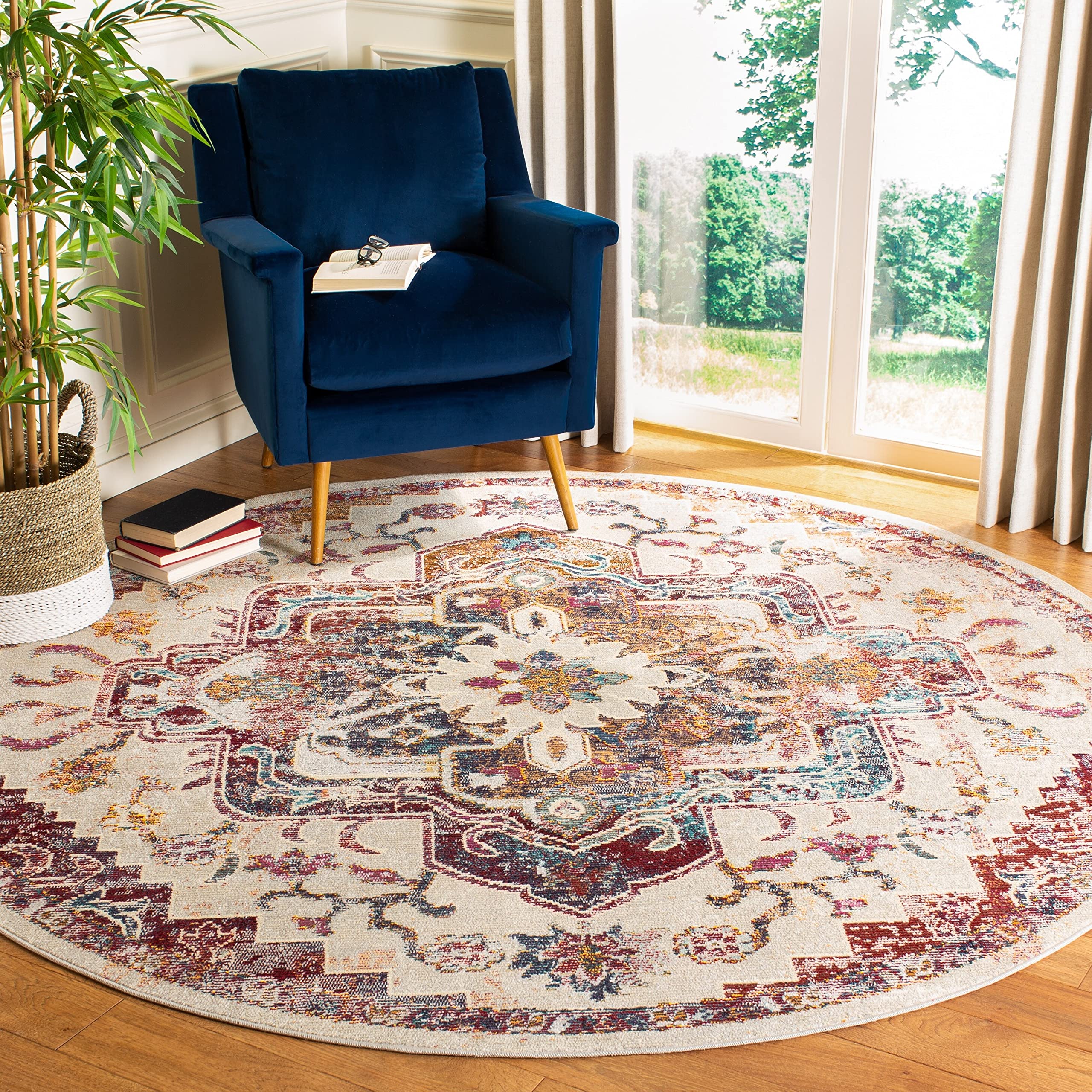 SAFAVIEH Crystal Collection Area Rug - 7 Round, Light Blue & Burgundy, Medallion Distressed Design, Non-Shedding & Easy Care, I