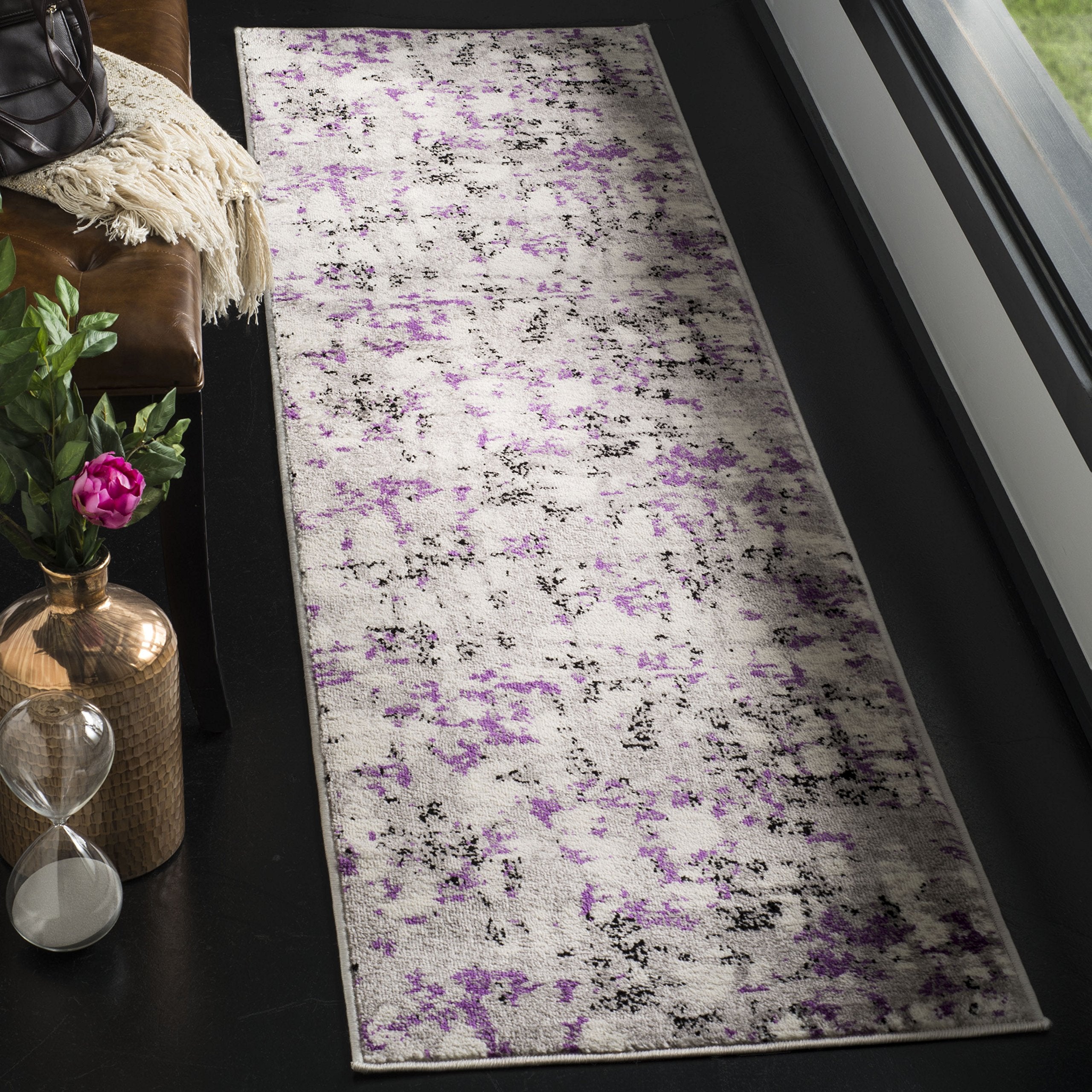 SAFAVIEH Skyler Collection 2 x 8 Grey / Purple SKY193R Modern Abstract Non-Shedding Living Room Entryway Foyer Hallway Bedroom