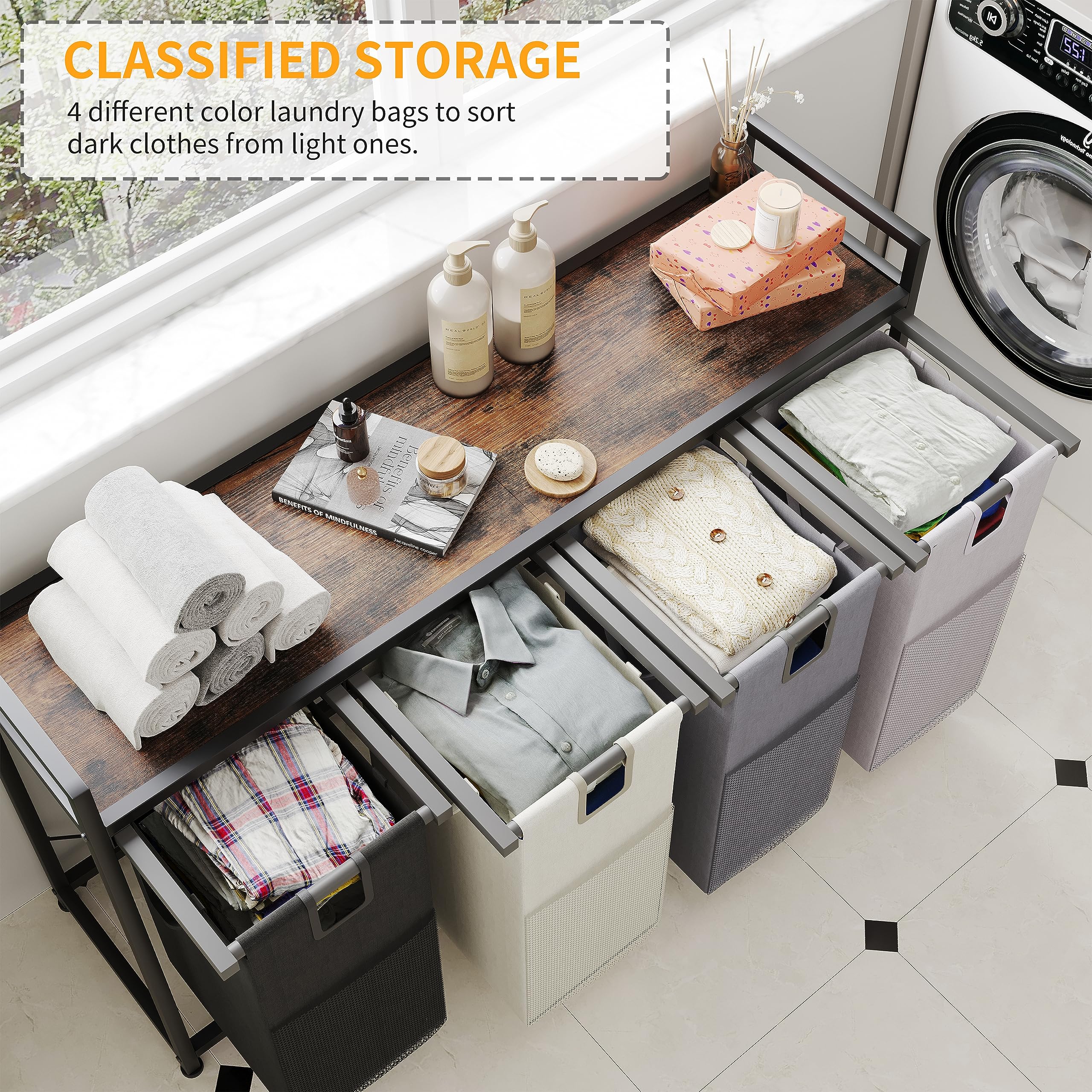 Livehom Laundry Basket Four Laundry Hamper With Removable Bags, Fabric Handles, Large Top Shelf And Laundry Bag For Bathroom, Do