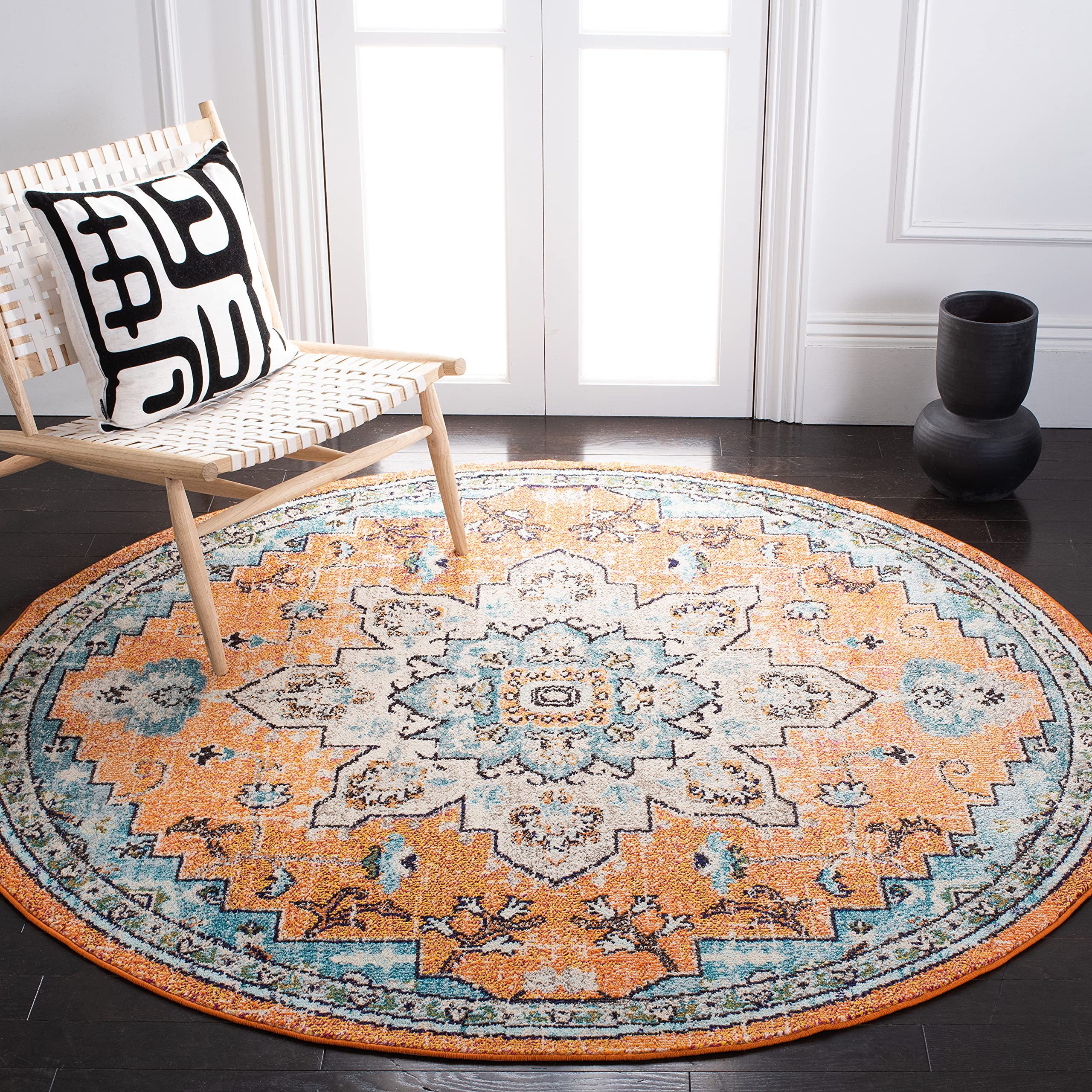 Safavieh Madison Collection 8 Round OrangeTeal MAD473P Boho Chic Medallion Distressed Non-Shedding Entryway Foyer Living Room B