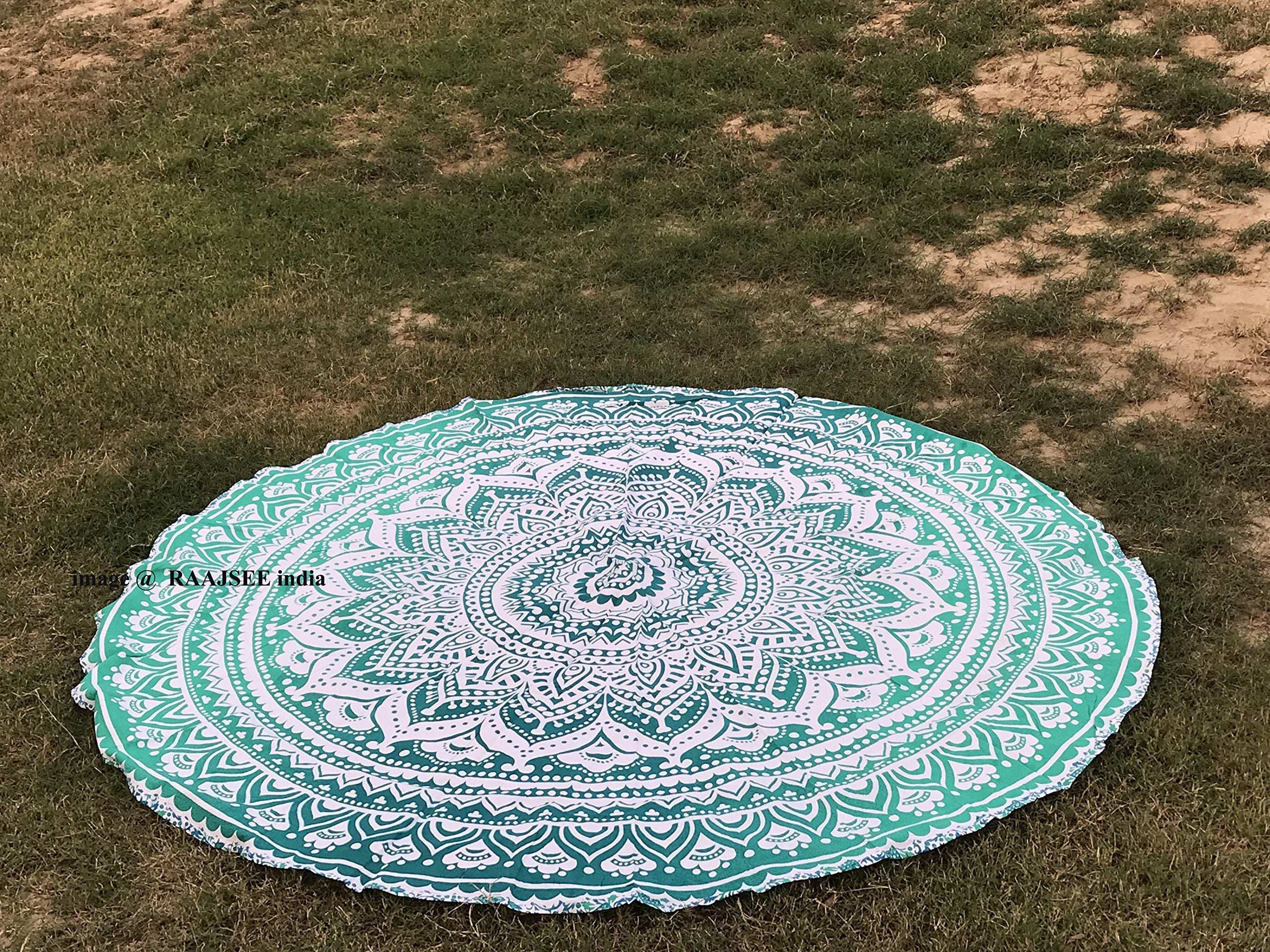 Raajsee Green Ombre Round Beach Tapestry Hippie/Boho Beach Blanket Roundie/Indian Cotton Throw Bohemian Round Table Cloth/Yoga M