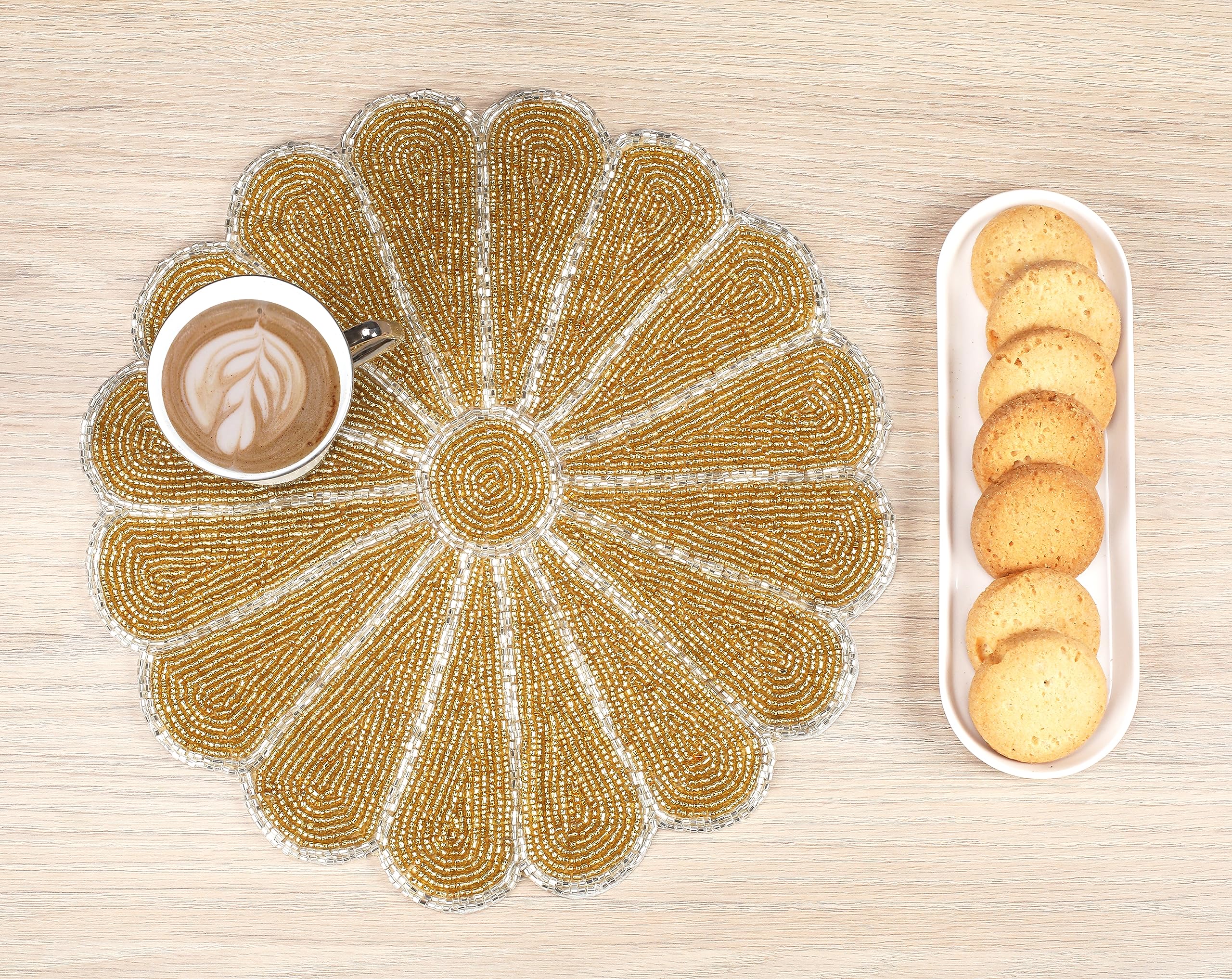 Alpha Living Home Beaded Scallop Placemats For Dining Table - Pack Of 2 Measure 13 Inches Beaded Placemats Round For Gathering,