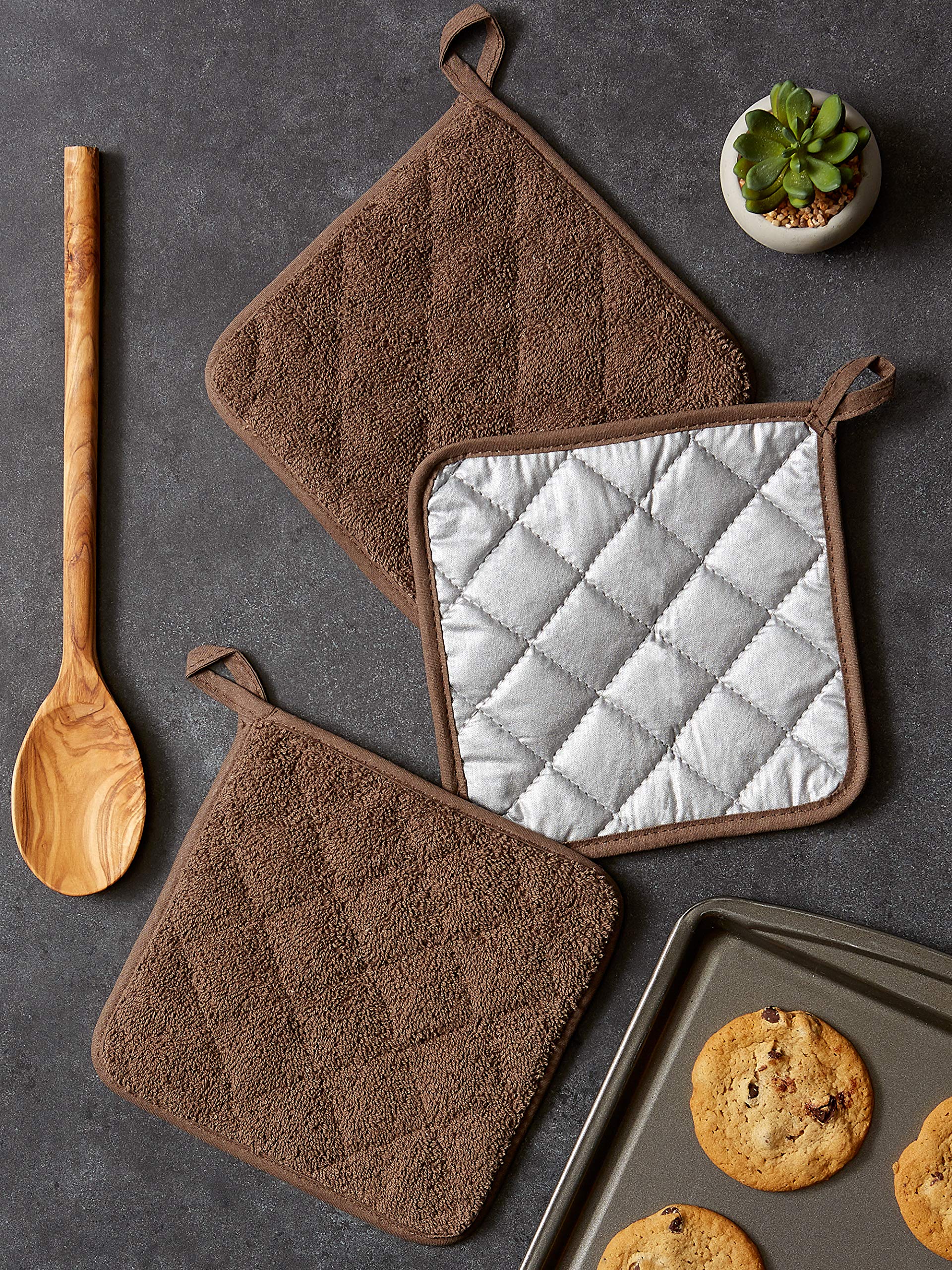 Dii Basic Terry Collection Quilted 100% Cotton, Potholder, Brown, 3 Piece