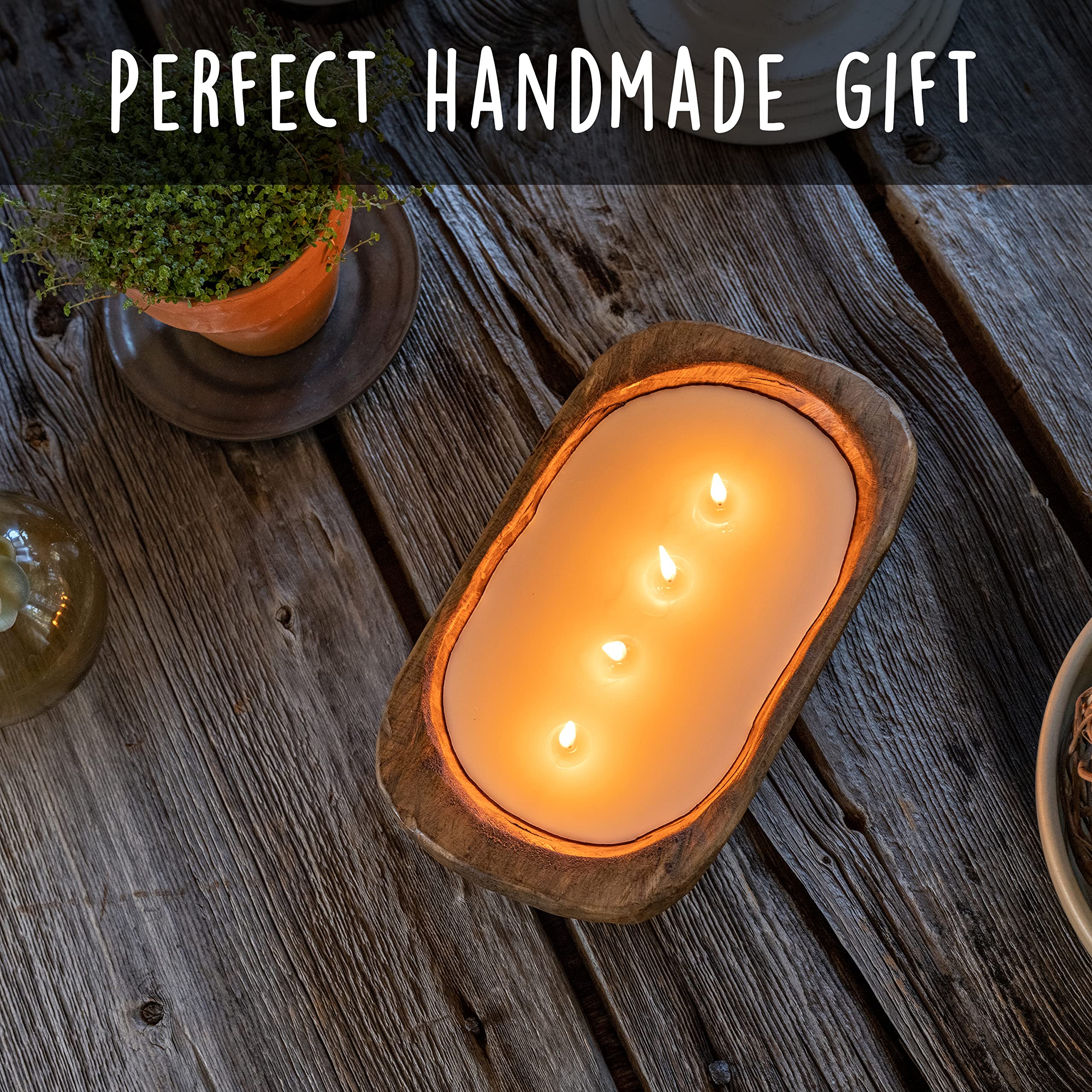 Wooden Dough Bowl Candle 10 Inch  Wooden Dough Bowl Soy Candle  Farmhouse Dough Bowl Candles for Table  Wood Bowl Candle Boat 4 Wick  Wooden Candle Bowl Decor