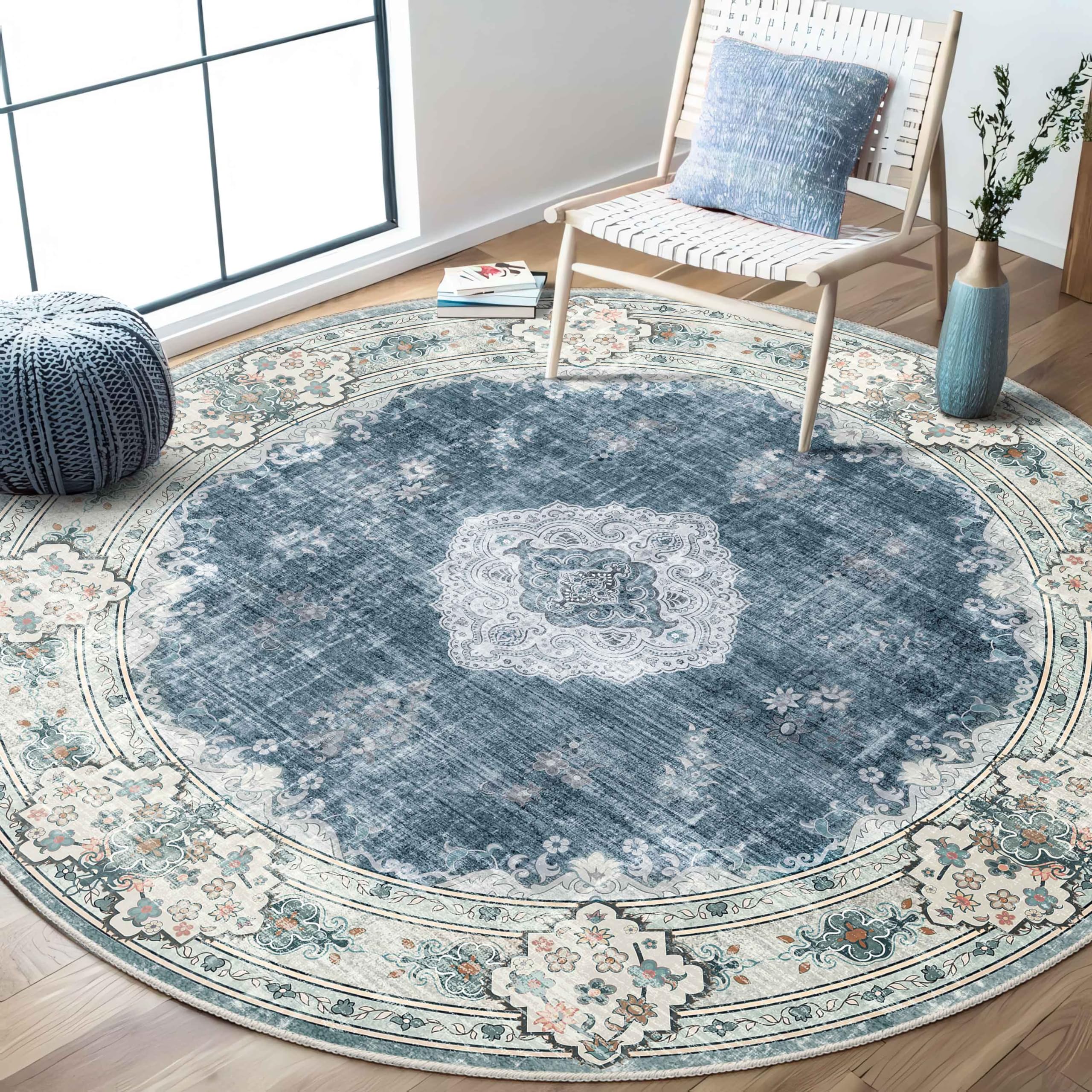MUJOO Blue Round Rug 6ft,Circle Washable Area Rugs for Bedroom Living Room Bathroom,Boho Large Non Slip Circular Carpet,Floral