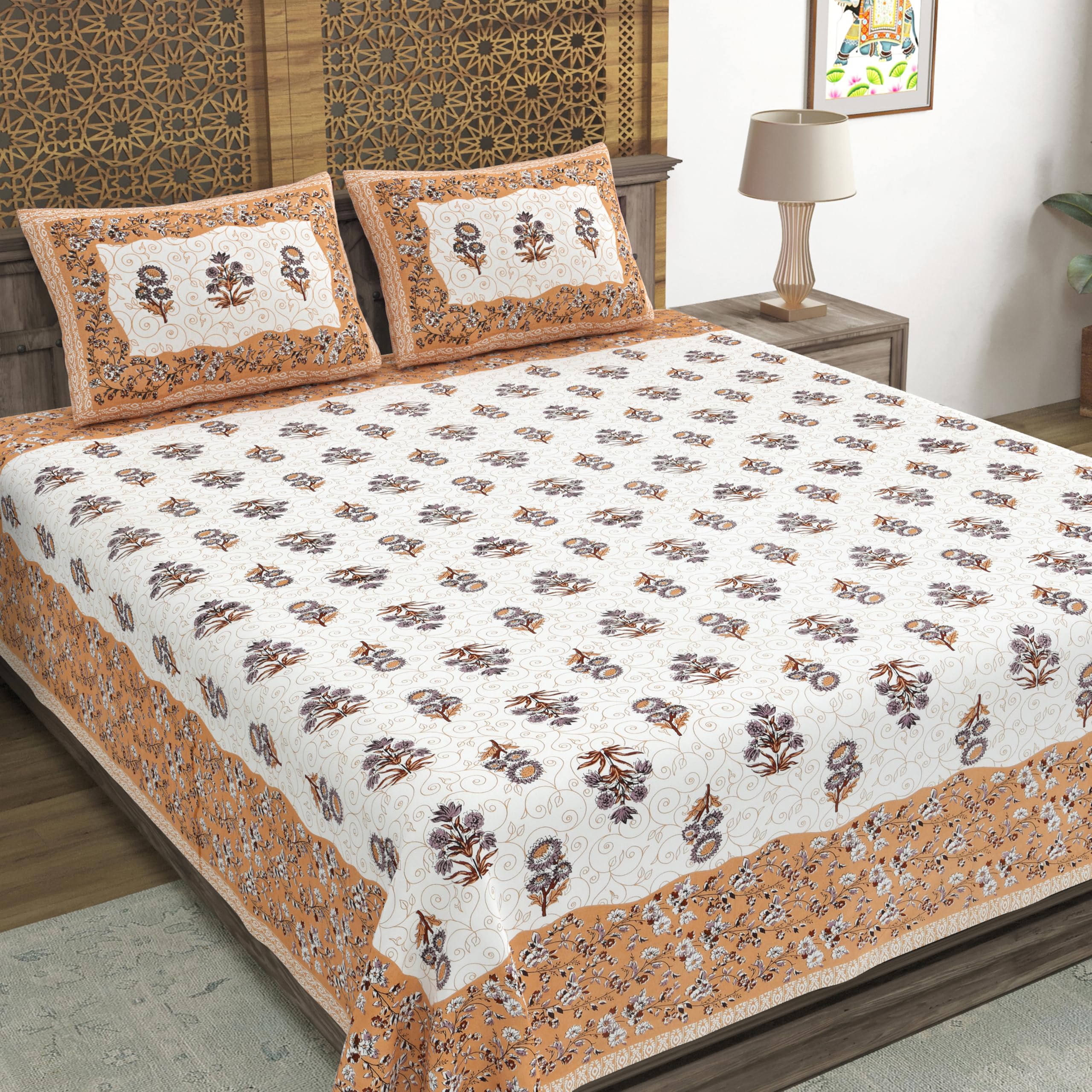 Blocks Of India Hand Block Printed 300 Tc Cotton Super King Size Bedsheet(106 X 106) (Gad Brown)