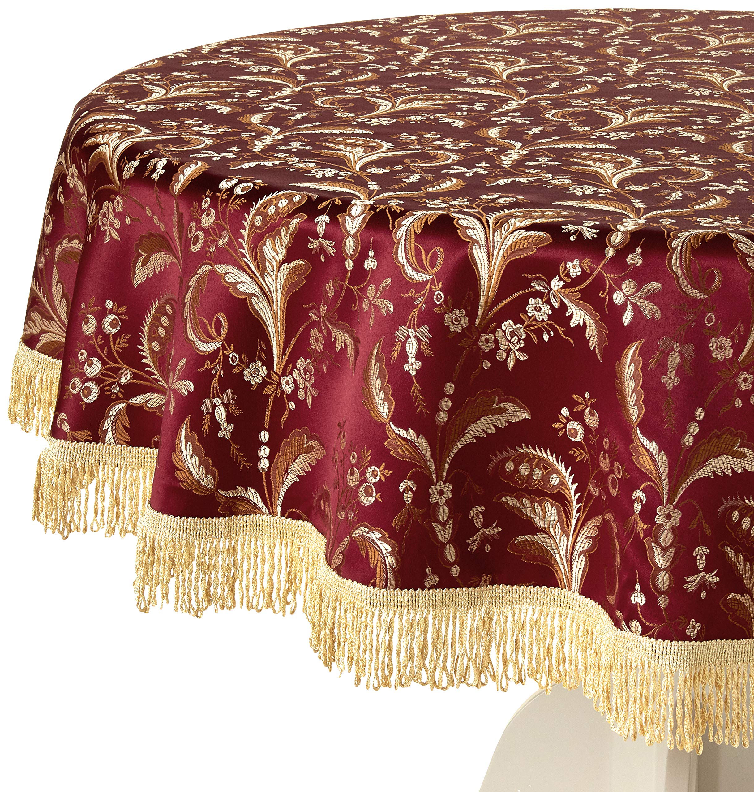 Violet Linen Luxury Damask Floral Design, Polyester Jacquard, With Fringes, Burgundy, 60 Inch Round, Seats 4 Pepole, Tablecloths