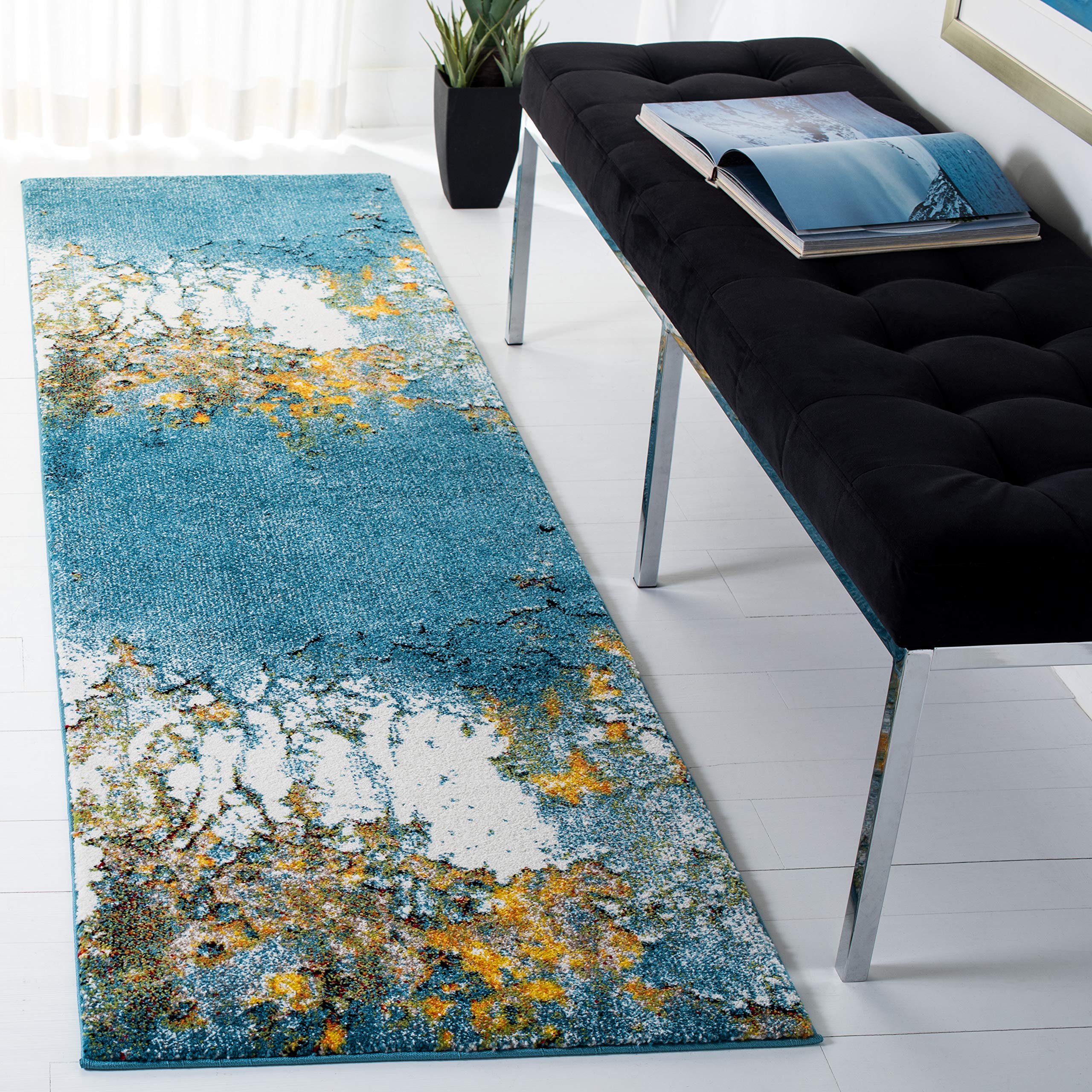 SAFAVIEH Glacier Collection 23 x 8 Blue/Gold GLA125M Modern Abstract Non-Shedding Living Room Entryway Foyer Hallway Bedroom R