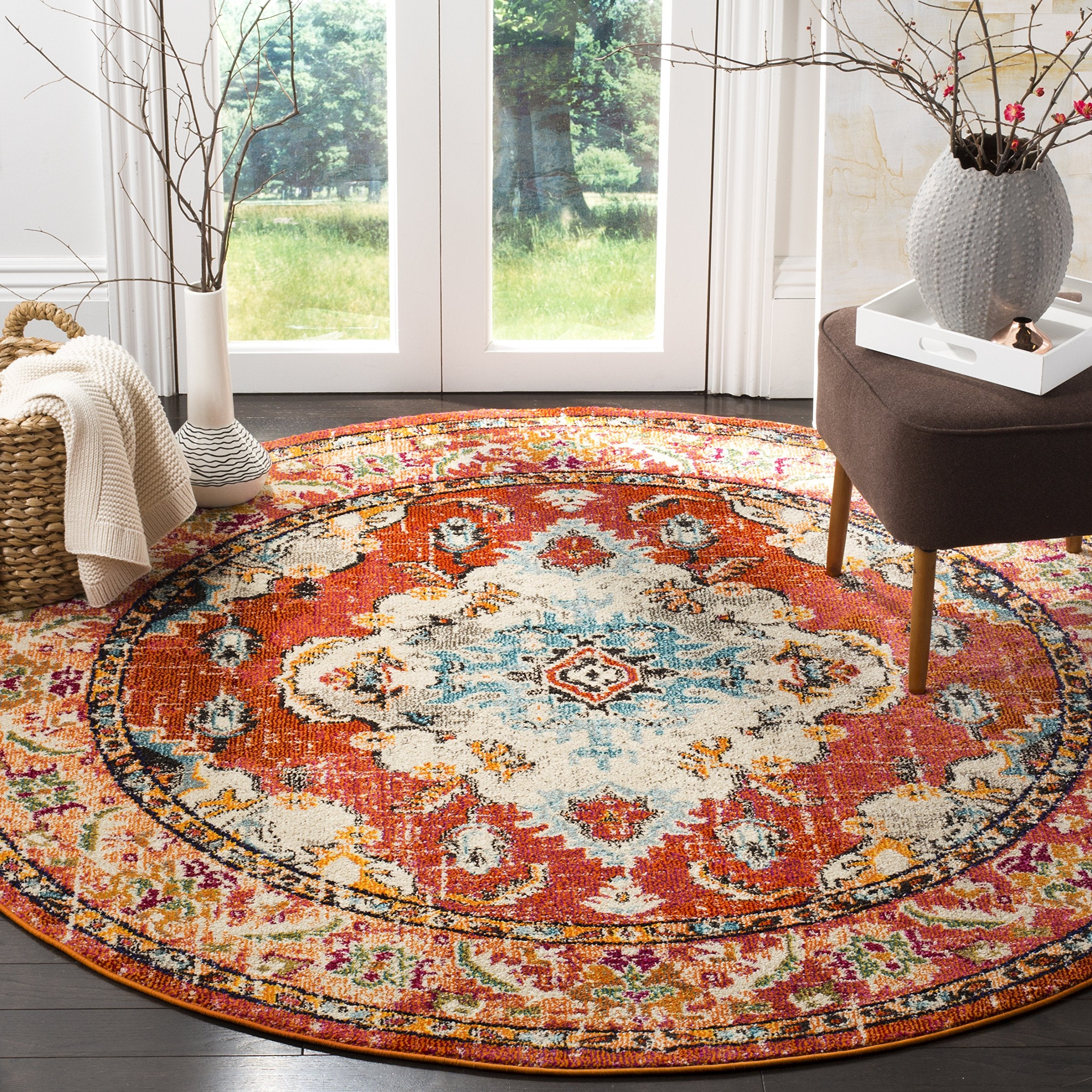 SAFAVIEH Monaco Collection 9 Round Orange / Light Blue MNC243H Boho Chic Medallion Distressed Non-Shedding Dining Room Entryway