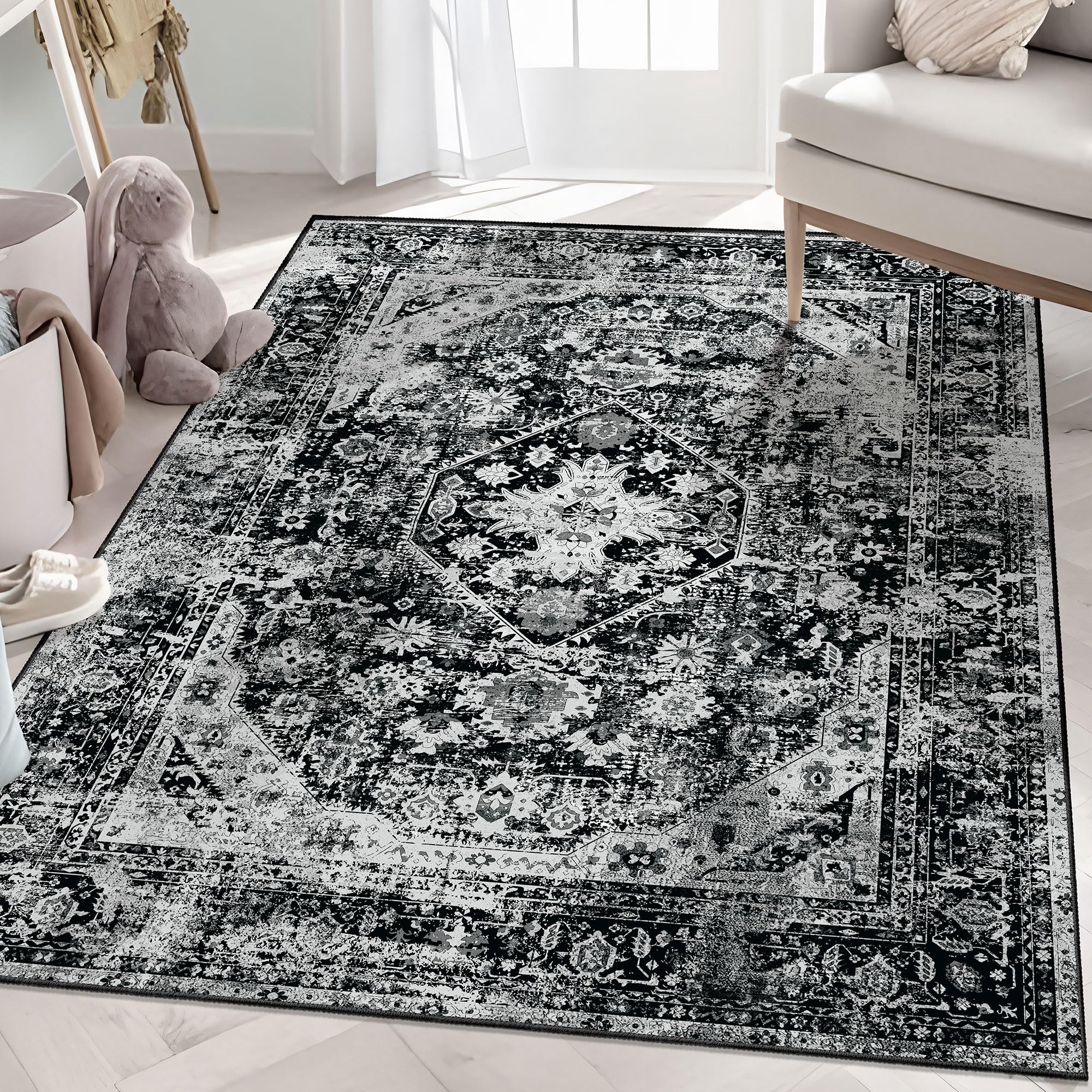 MUJOO Washable Rug 3x5 Area Rugs for Entryway Entry Bedroom Living Room Black Small Non Slip Carpet Throw Rugs Machine Washable 