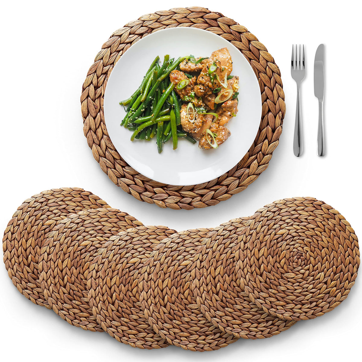 (Sizes: 12''-13''-14'') Bluewest Woven Placemats, Brown Round Rattan Placemats Set Of 6, Wicker Water Hyacinth Placemats, Braide